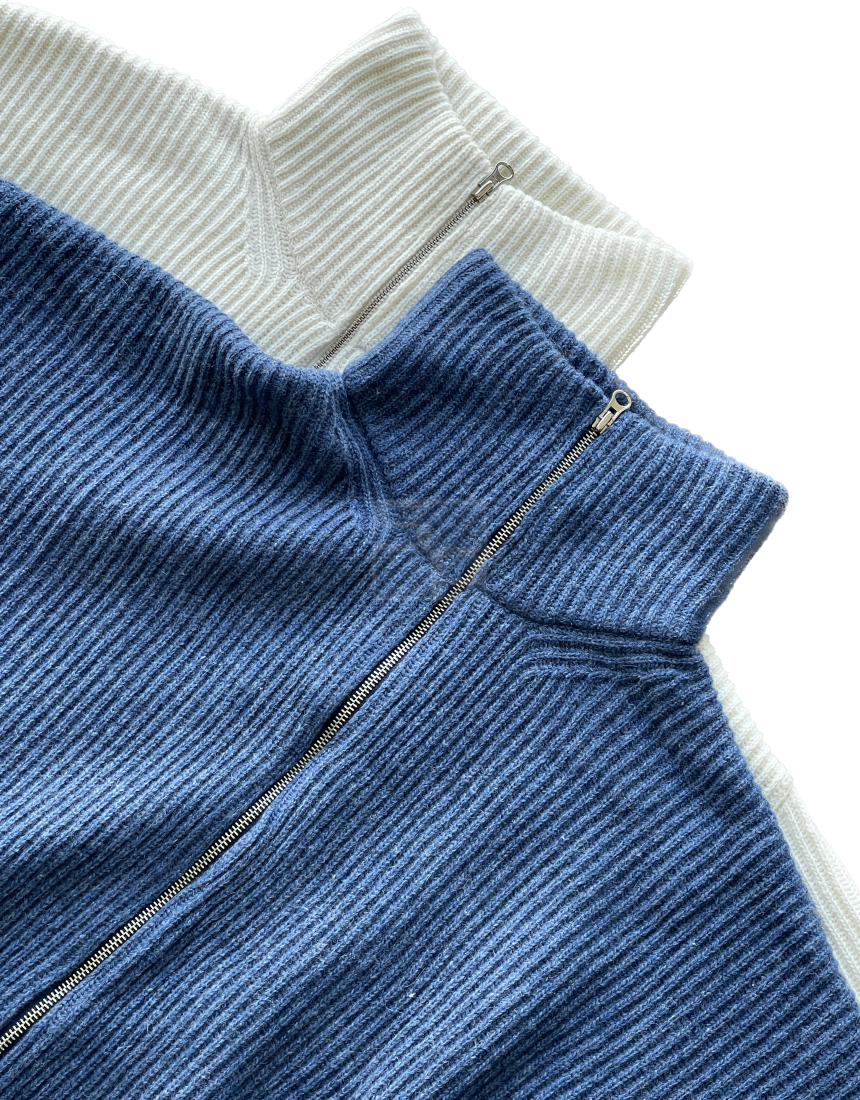 High Neck 2way Zip Up Wool Knit Blue