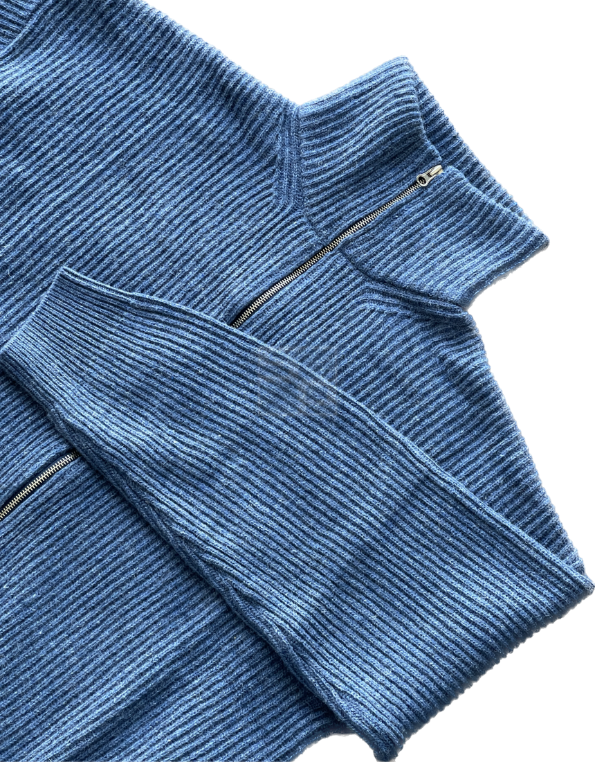High Neck 2way Zip Up Wool Knit Blue