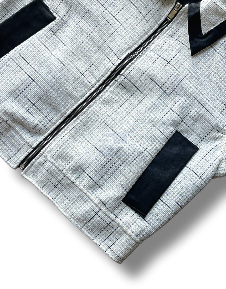 Leather Coloring Tweed Cropped Jacket Ivory