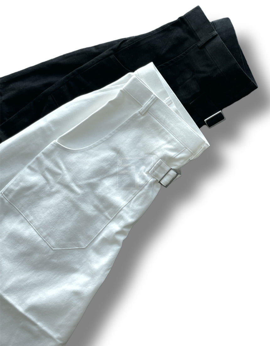 Back Buckle Fatigue Wide Pants White