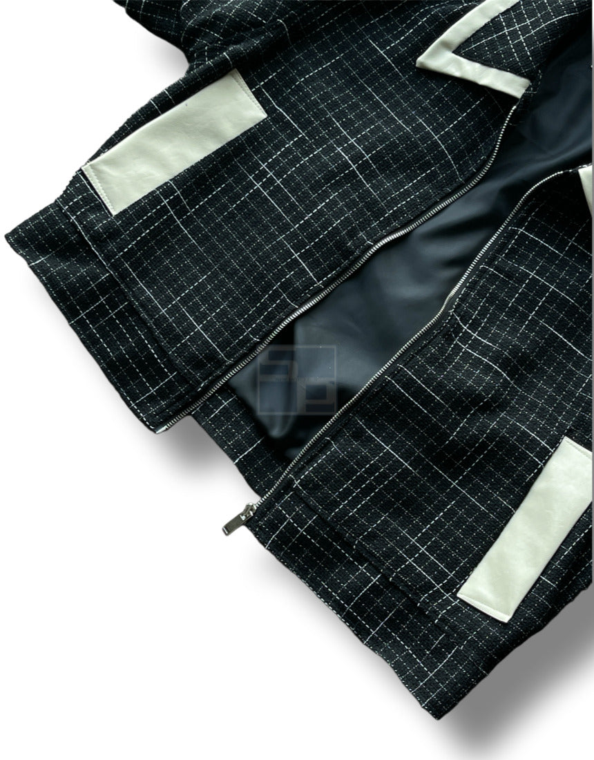 Leather Coloring Tweed Cropped Jacket Black