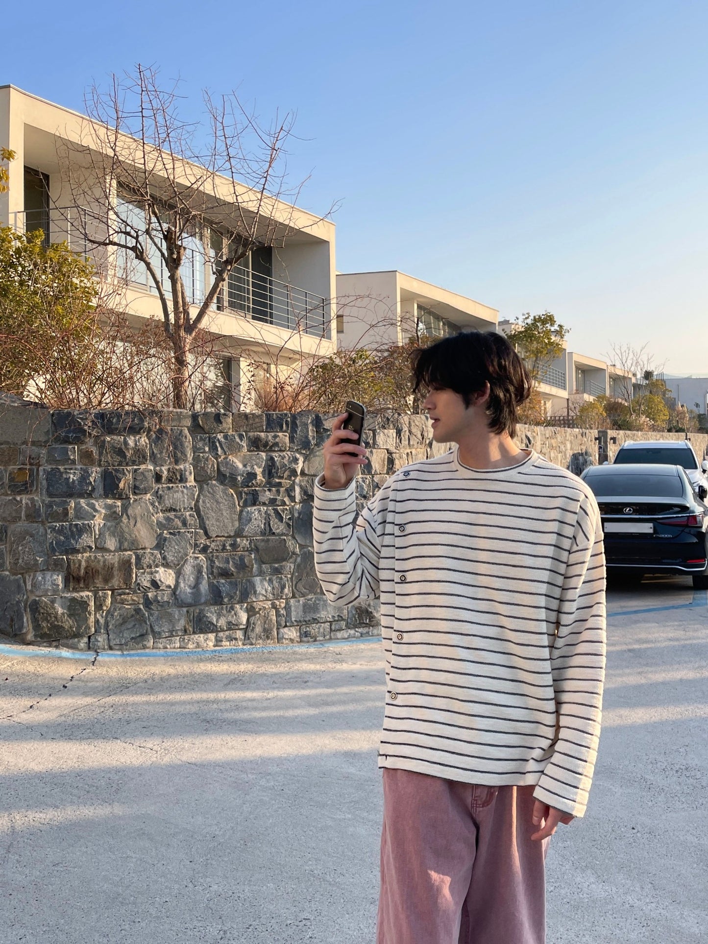 남자 오버핏 버튼 스트라이프 단추 단가라 티셔츠 블랙 Button Stripe T-shirt Black