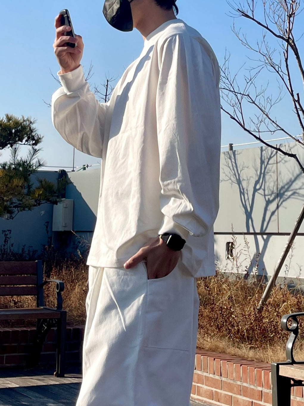 백 버클 퍼티그 와이드 팬츠 유니크 와이드바지 화이트 Back Buckle Fatigue Wide Pants White