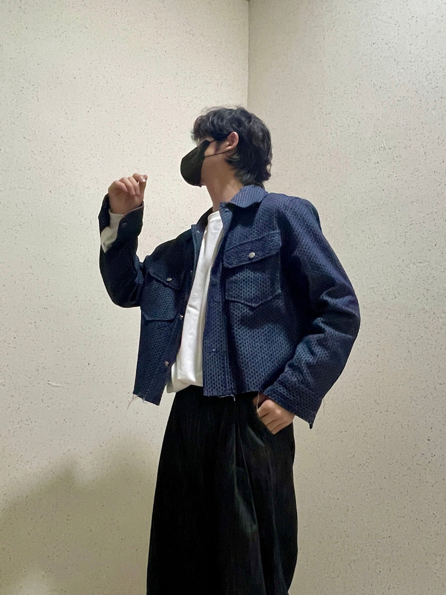 Crop Cutting Denim Jacket Dark blue 남자데님자켓 밑단컷팅 크롭자켓 오버핏 진청