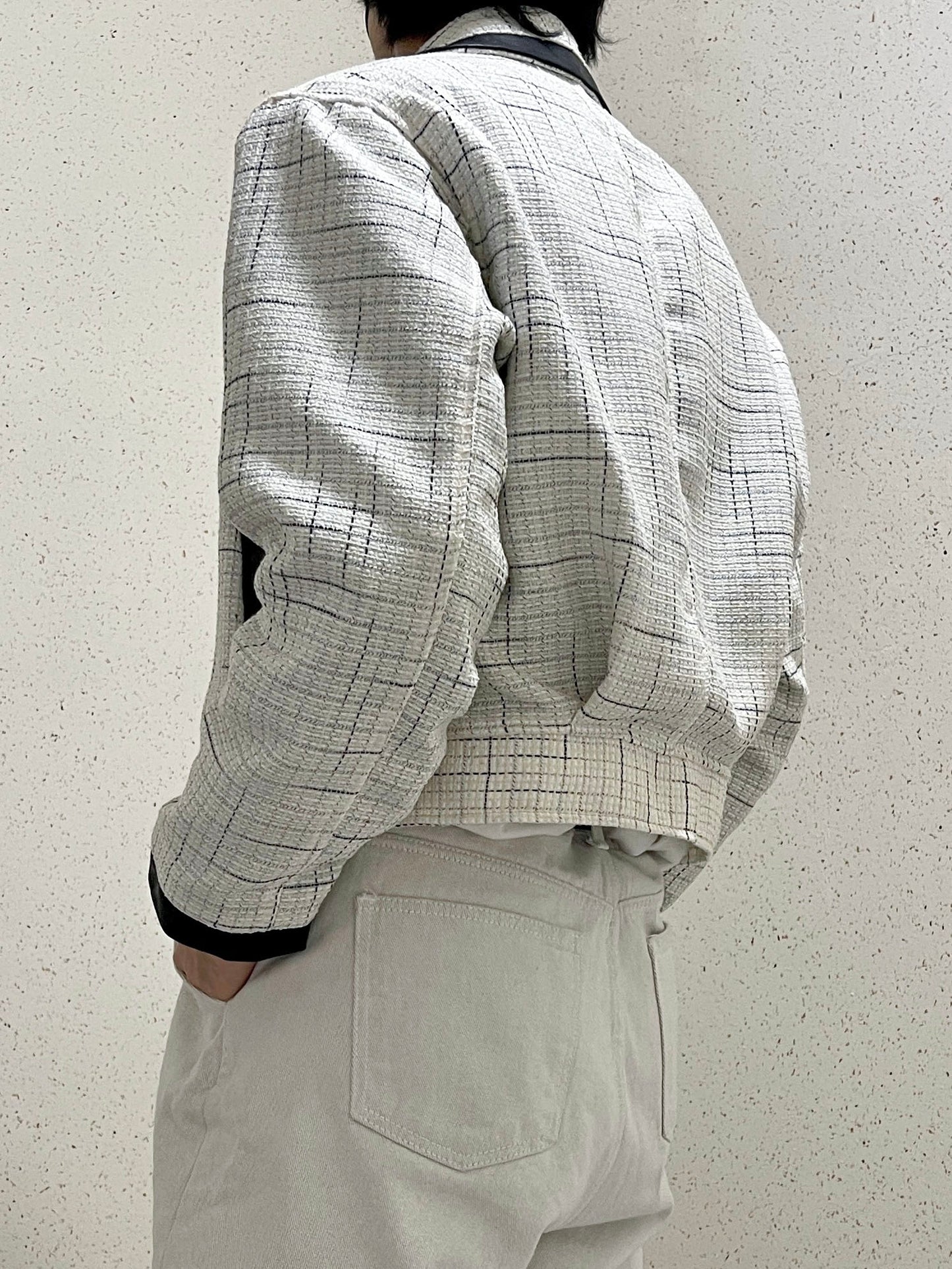 레더 배색 크롭자켓 트위드 숏 자켓 아이보리 Leather Coloring Tweed Cropped Jacket Ivory