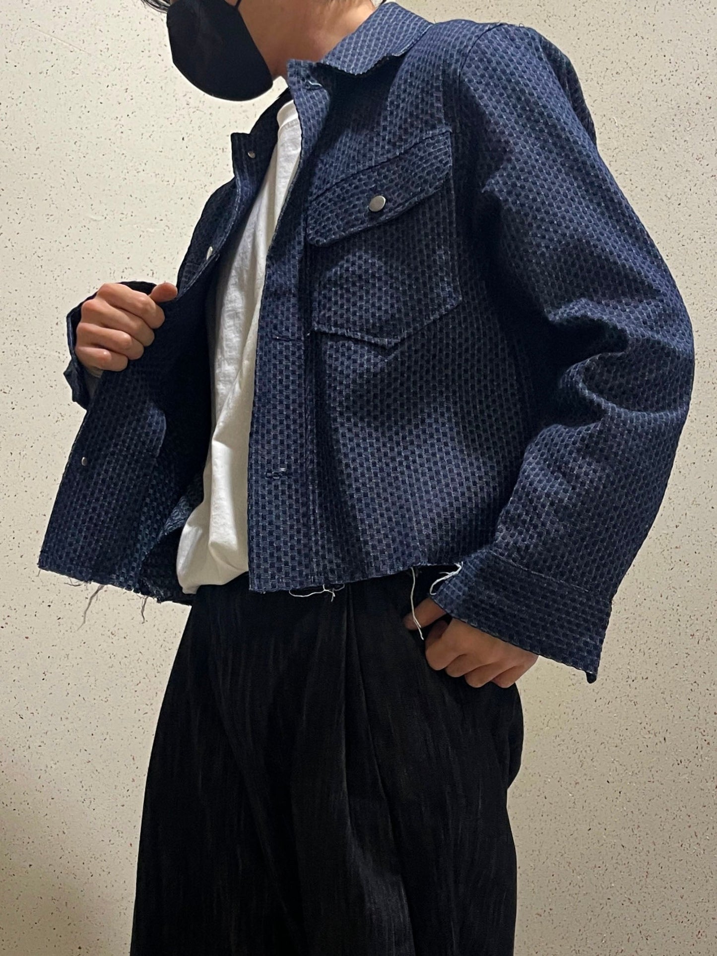 Crop Cutting Denim Jacket Dark blue 남자데님자켓 밑단컷팅 크롭자켓 오버핏 진청