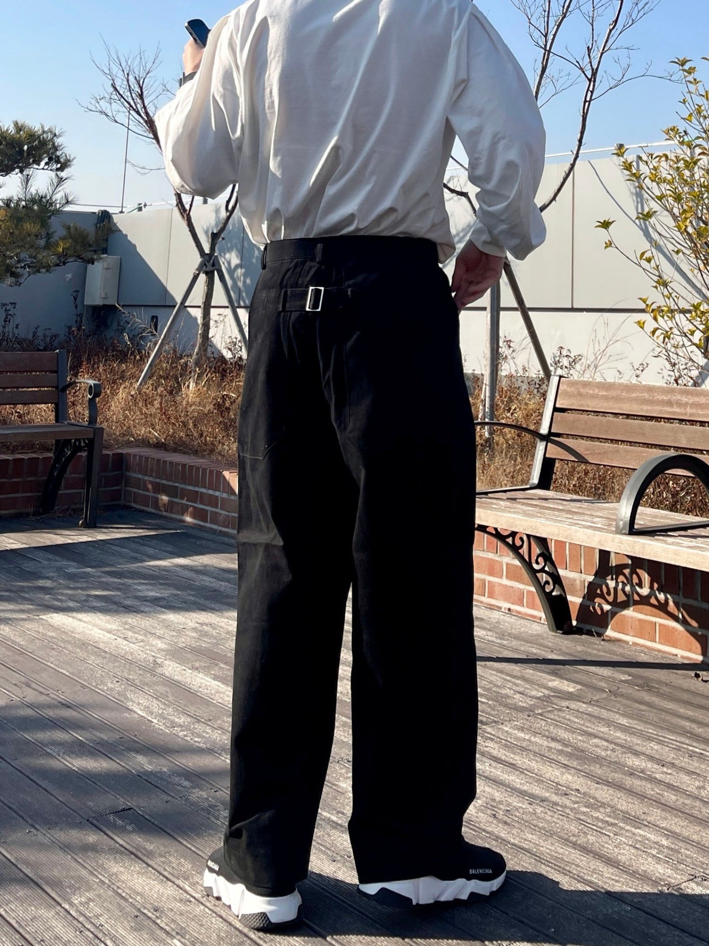백 버클 퍼티그 와이드 팬츠 유니크 와이드바지 블랙 Back Buckle Fatigue Wide Pants Black
