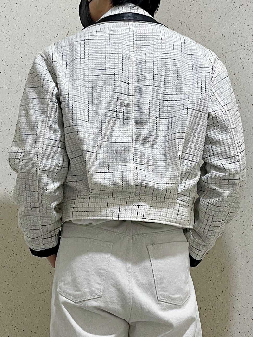 레더 배색 크롭자켓 트위드 숏 자켓 아이보리 Leather Coloring Tweed Cropped Jacket Ivory