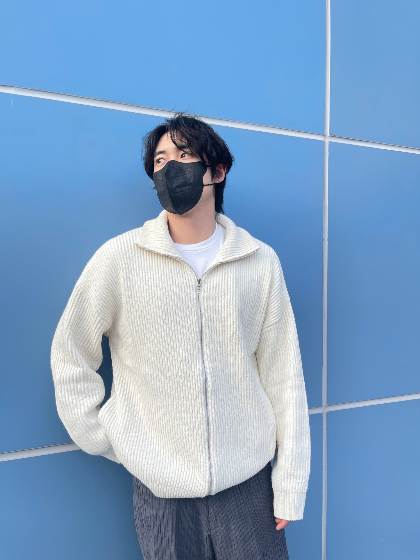 High Neck 2way Zip Up Wool Knit Cream