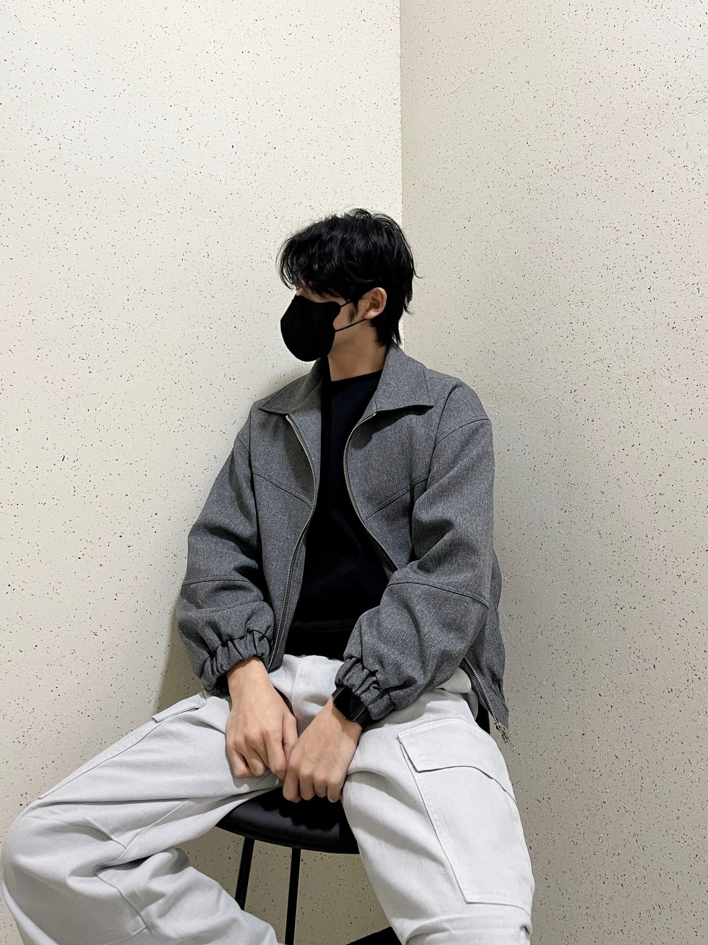 남자숏자켓 오버핏 크롭 봄재킷 미니멀룩 다크그레이 Balloon Crop Jacket darkgrey