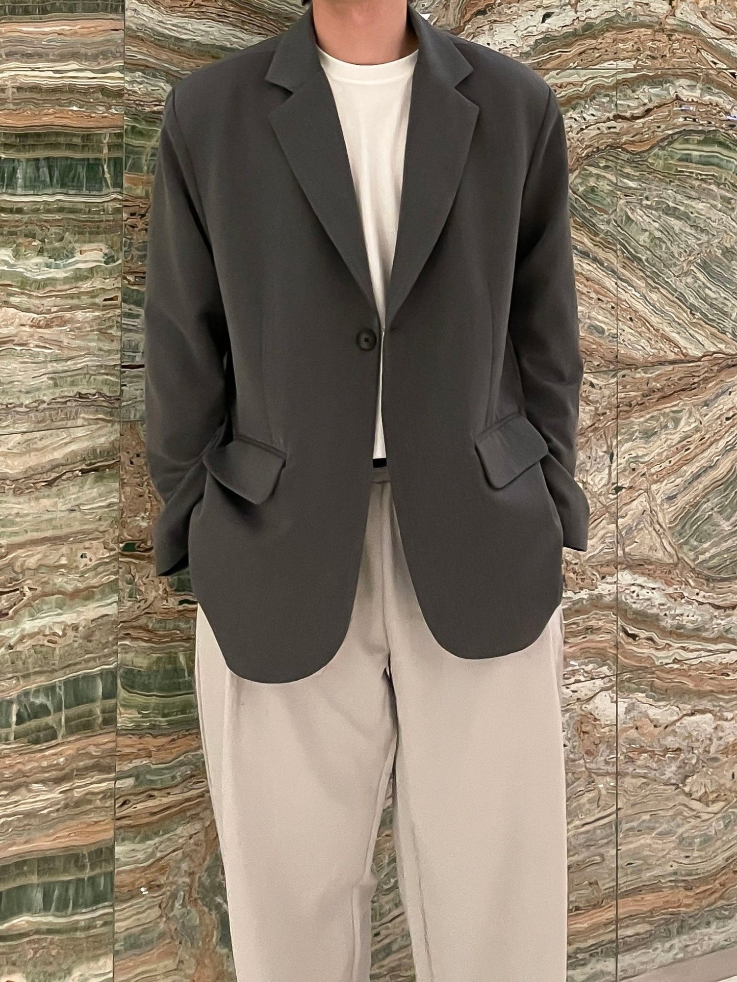 남자 싱글블레이저 오버핏 봄 미니멀룩 그레이 Daddy Single Blazer grey