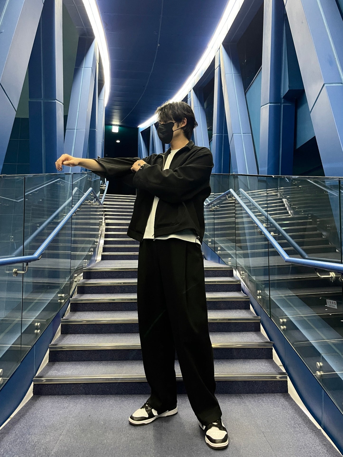 Woven Fleece Jacket Wide Pants Setup Black