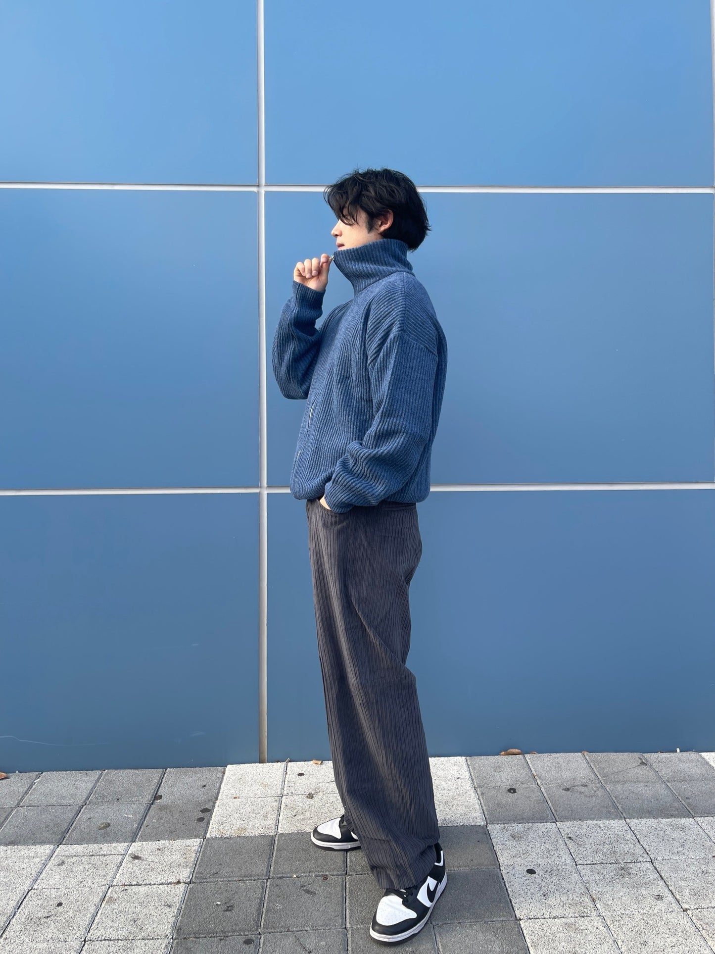 High Neck 2way Zip Up Wool Knit Blue