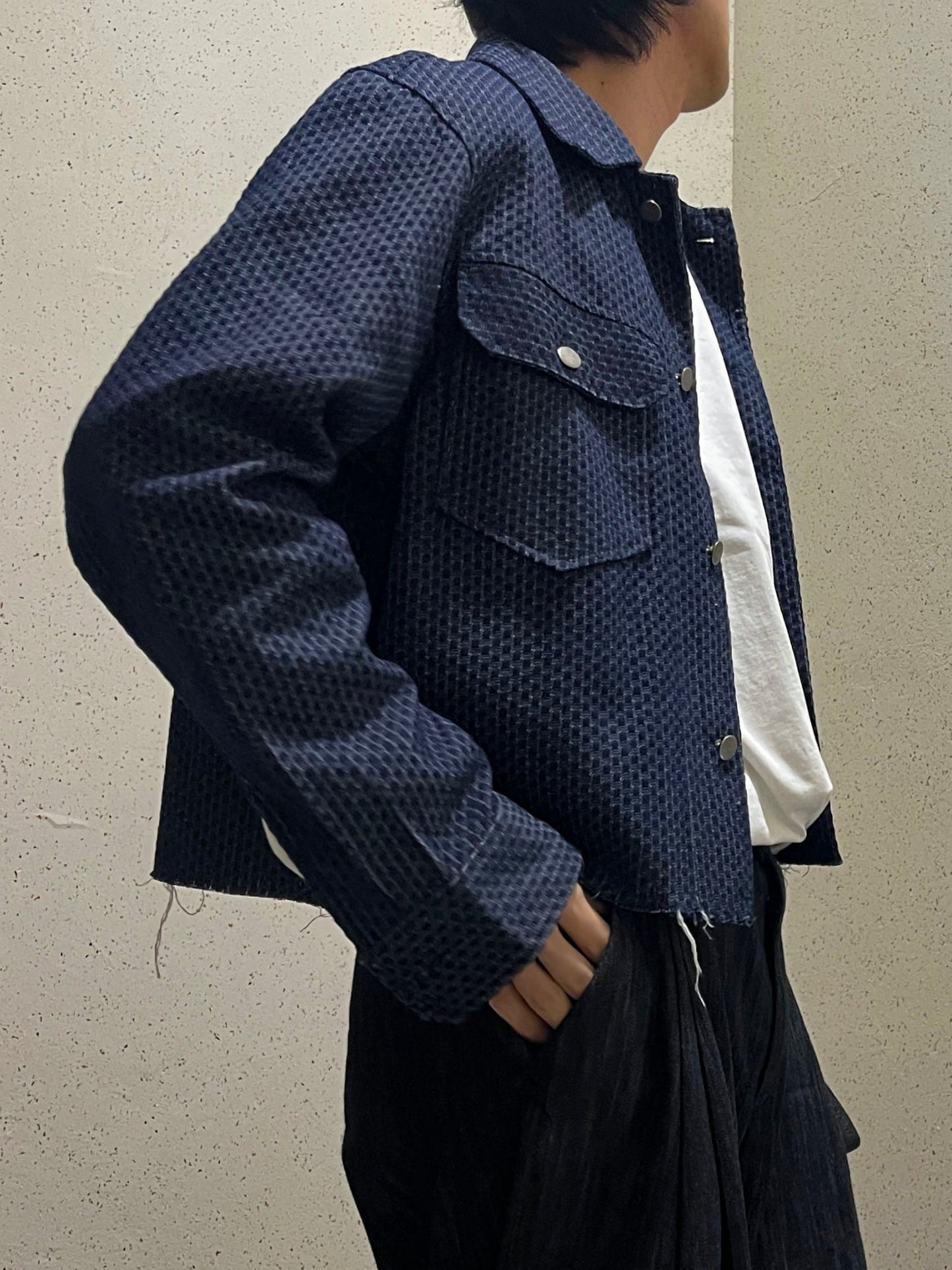 Crop Cutting Denim Jacket Dark blue 남자데님자켓 밑단컷팅 크롭자켓 오버핏 진청