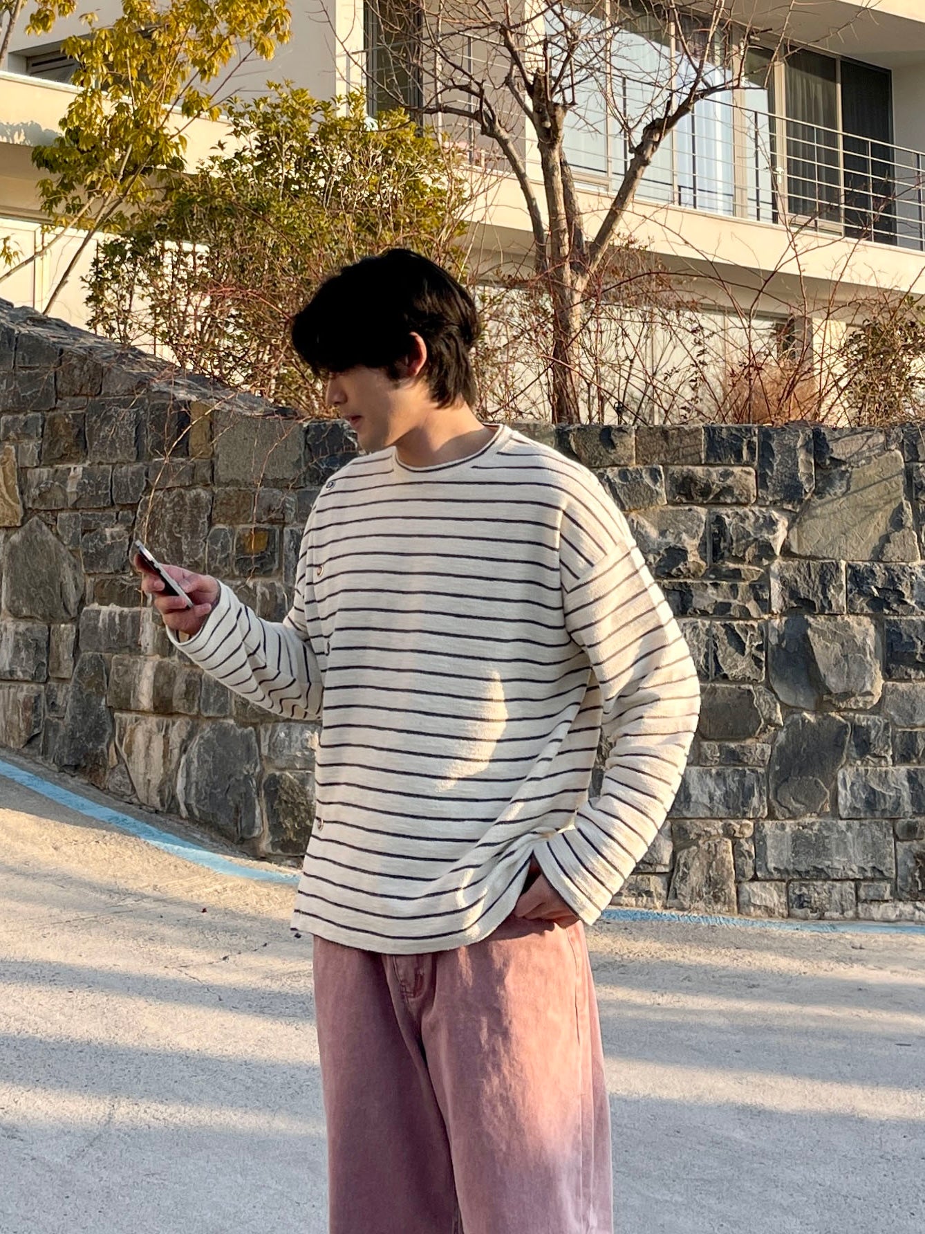 남자 오버핏 버튼 스트라이프 단추 단가라 티셔츠 블랙 Button Stripe T-shirt Black