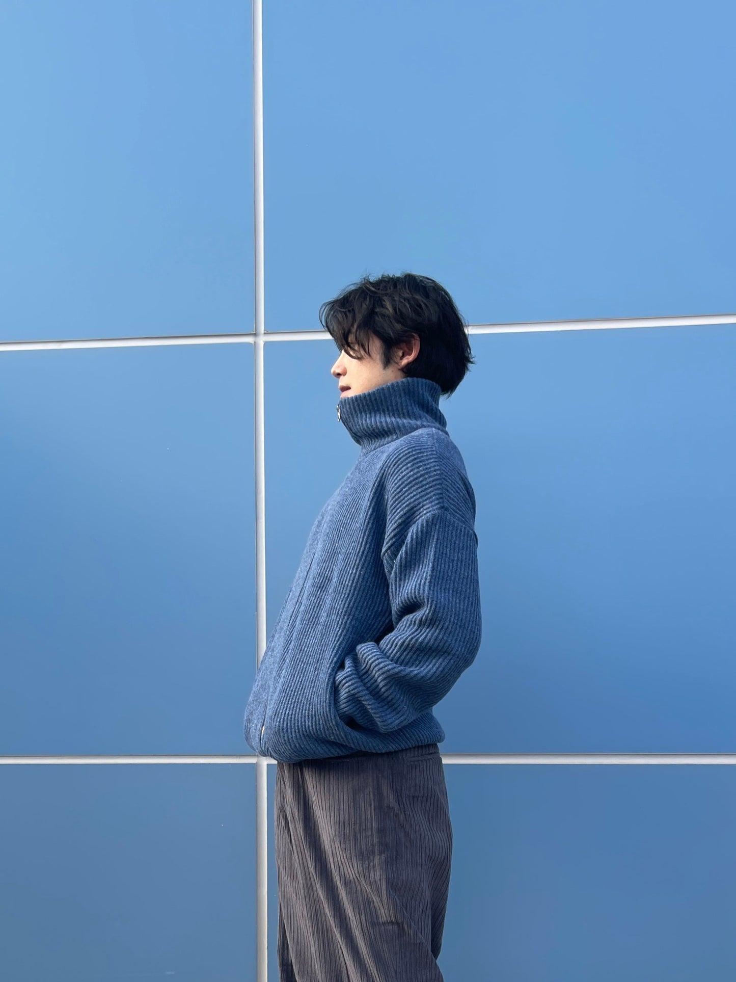 High Neck 2way Zip Up Wool Knit Blue