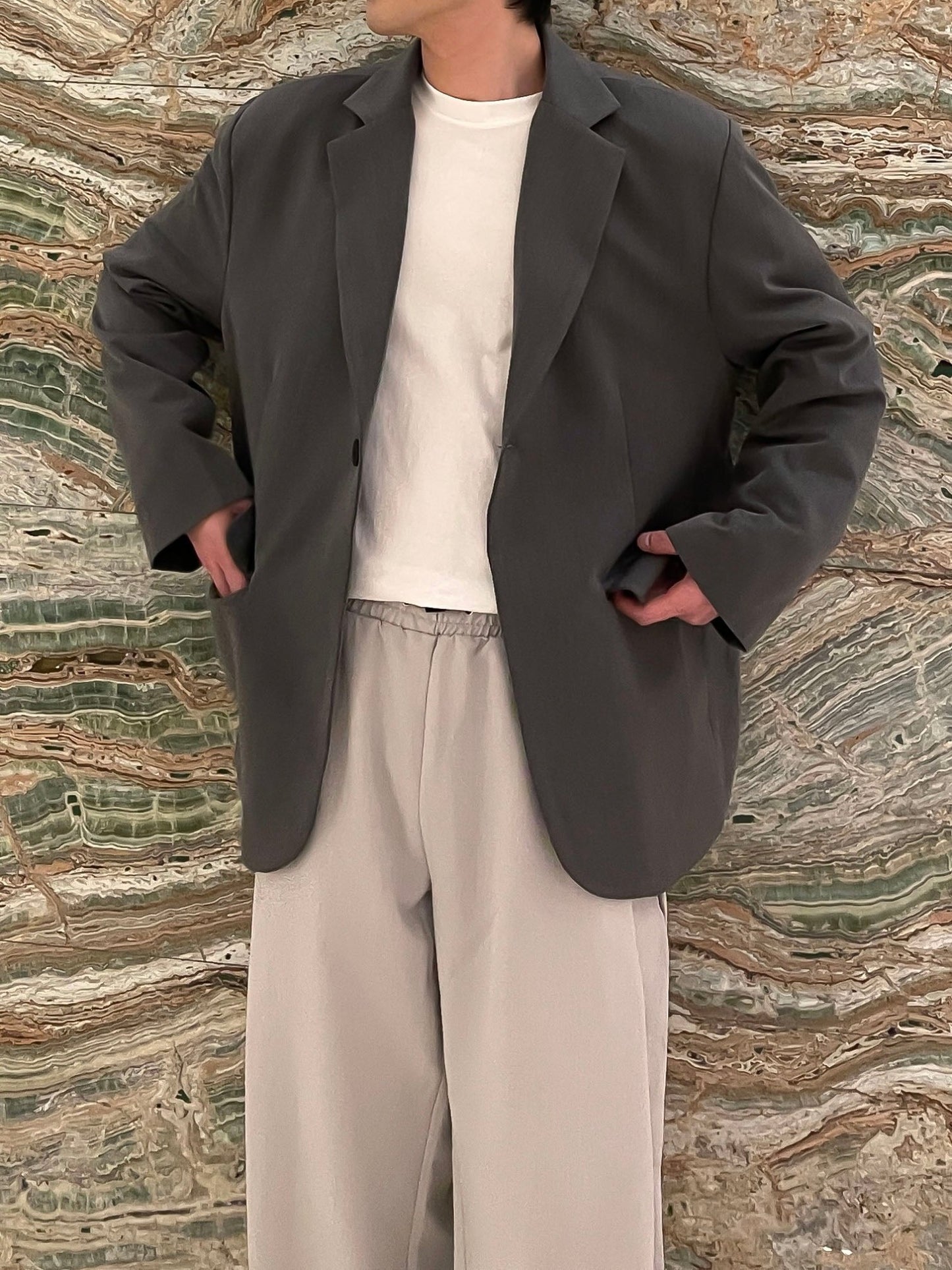 남자 싱글블레이저 오버핏 봄 미니멀룩 그레이 Daddy Single Blazer grey