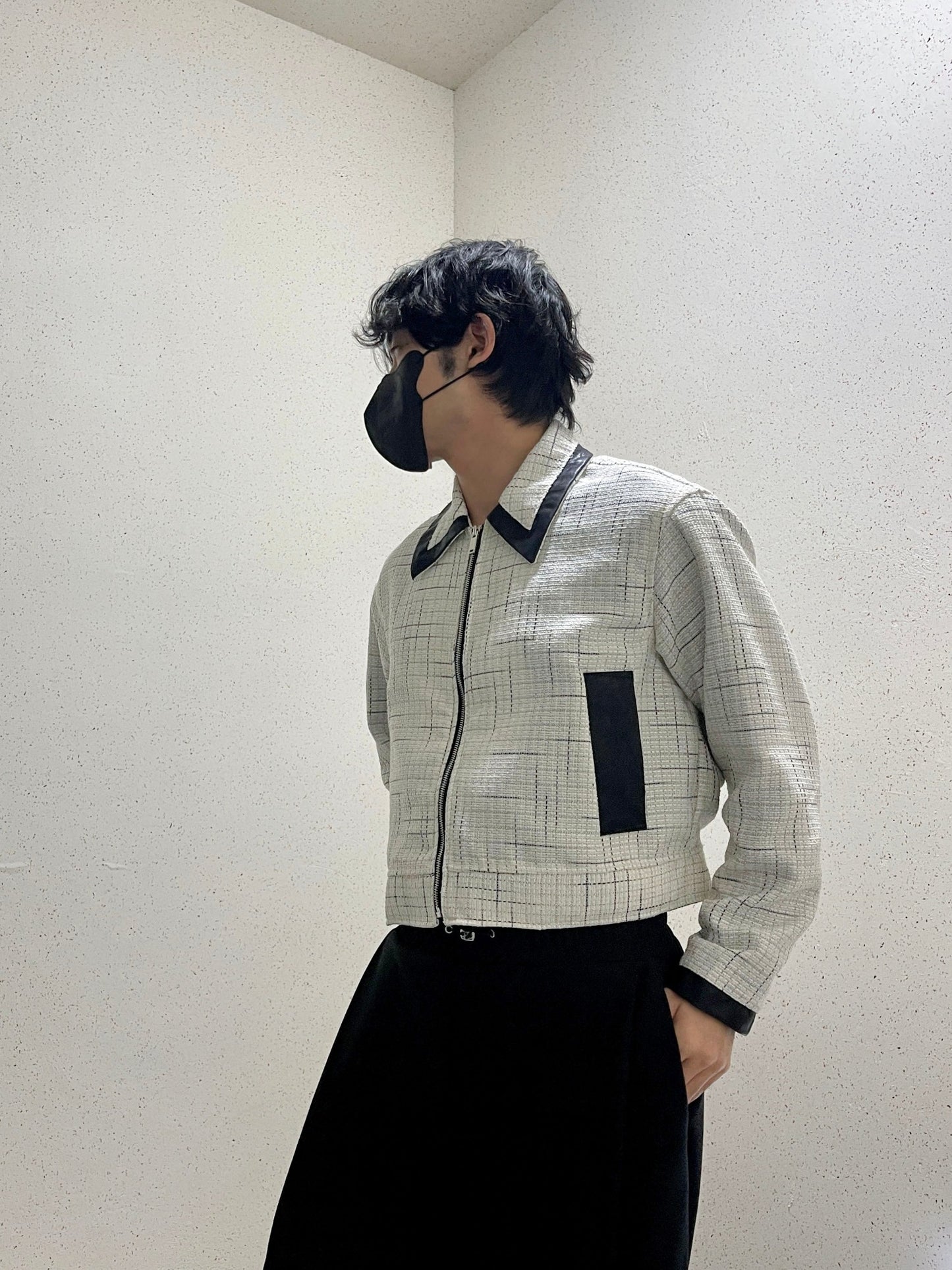 레더 배색 크롭자켓 트위드 숏 자켓 아이보리 Leather Coloring Tweed Cropped Jacket Ivory