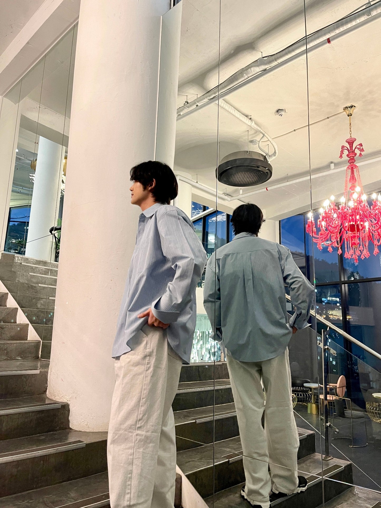 남자오버핏 스트라이프 셔츠 빅사이즈 벌룬핏 긴팔셔츠 소라 Big Cuffs Balloon Stripe Shirts Skyblue