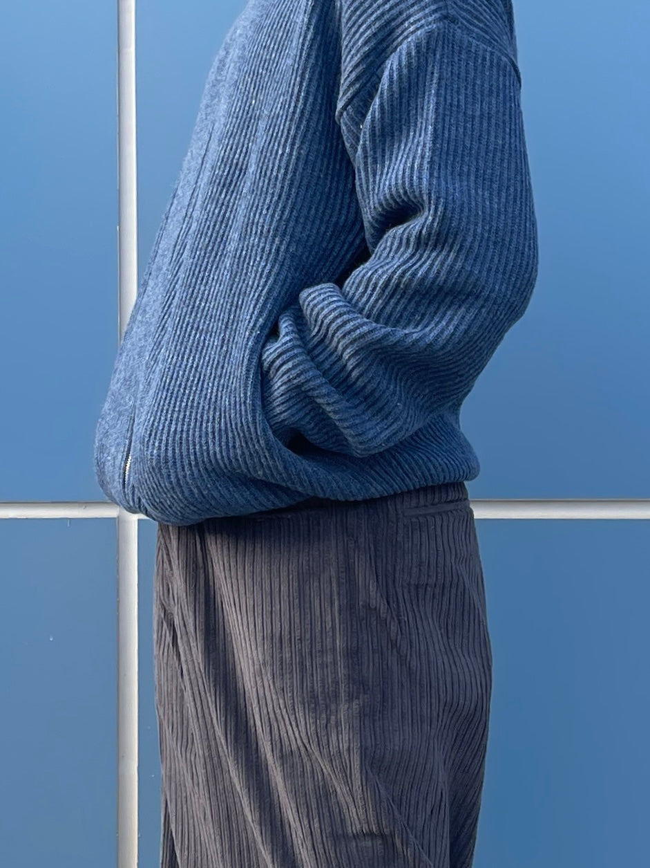 High Neck 2way Zip Up Wool Knit Blue