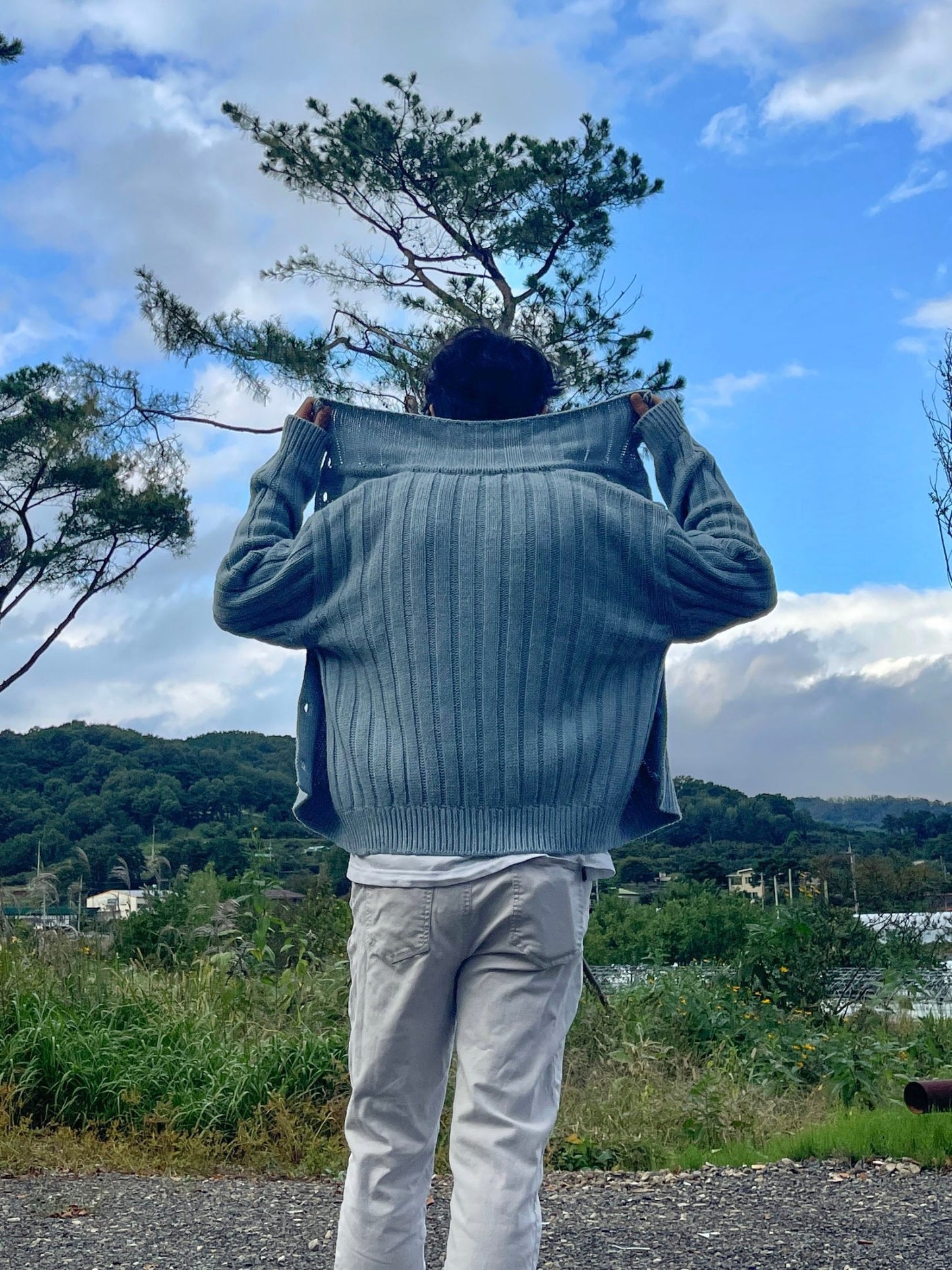 Ribbed Wool Cardigan Jacket Skyblue