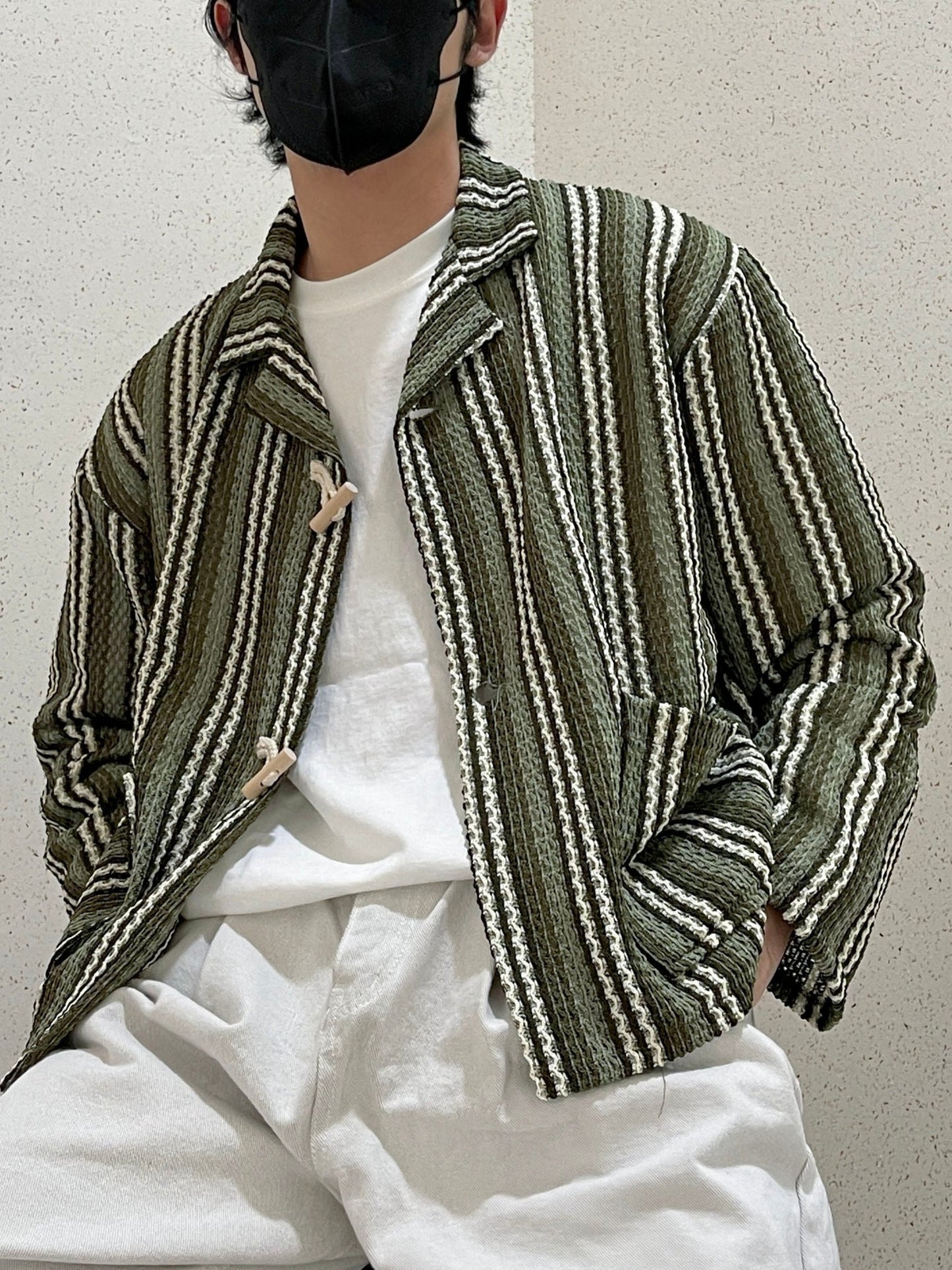 우드 토글 스트라이프 니트 봄 가디건 떡볶이 오버핏 카키 Toggle Stripe Knit Cardigan Khaki