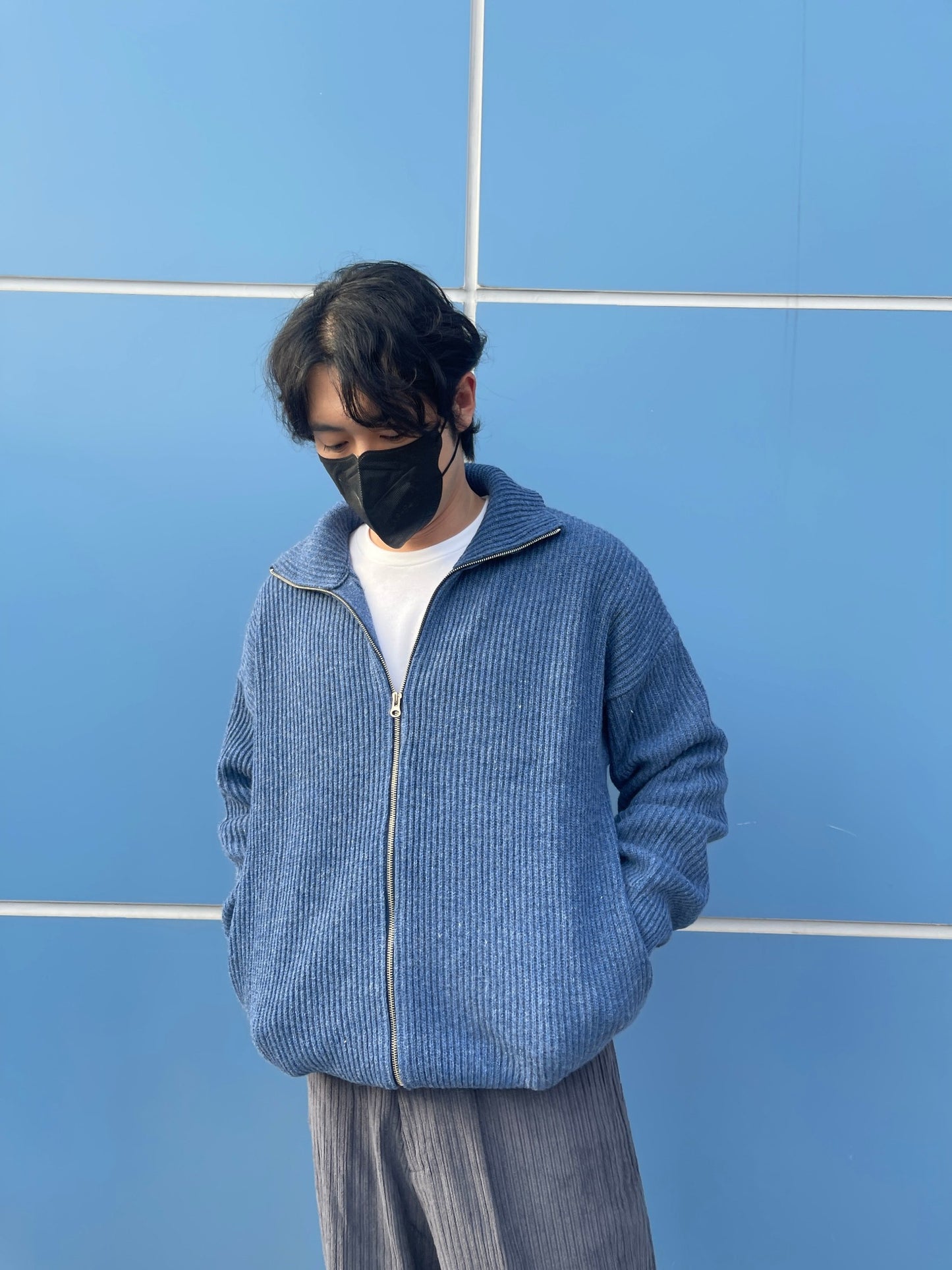 High Neck 2way Zip Up Wool Knit Blue
