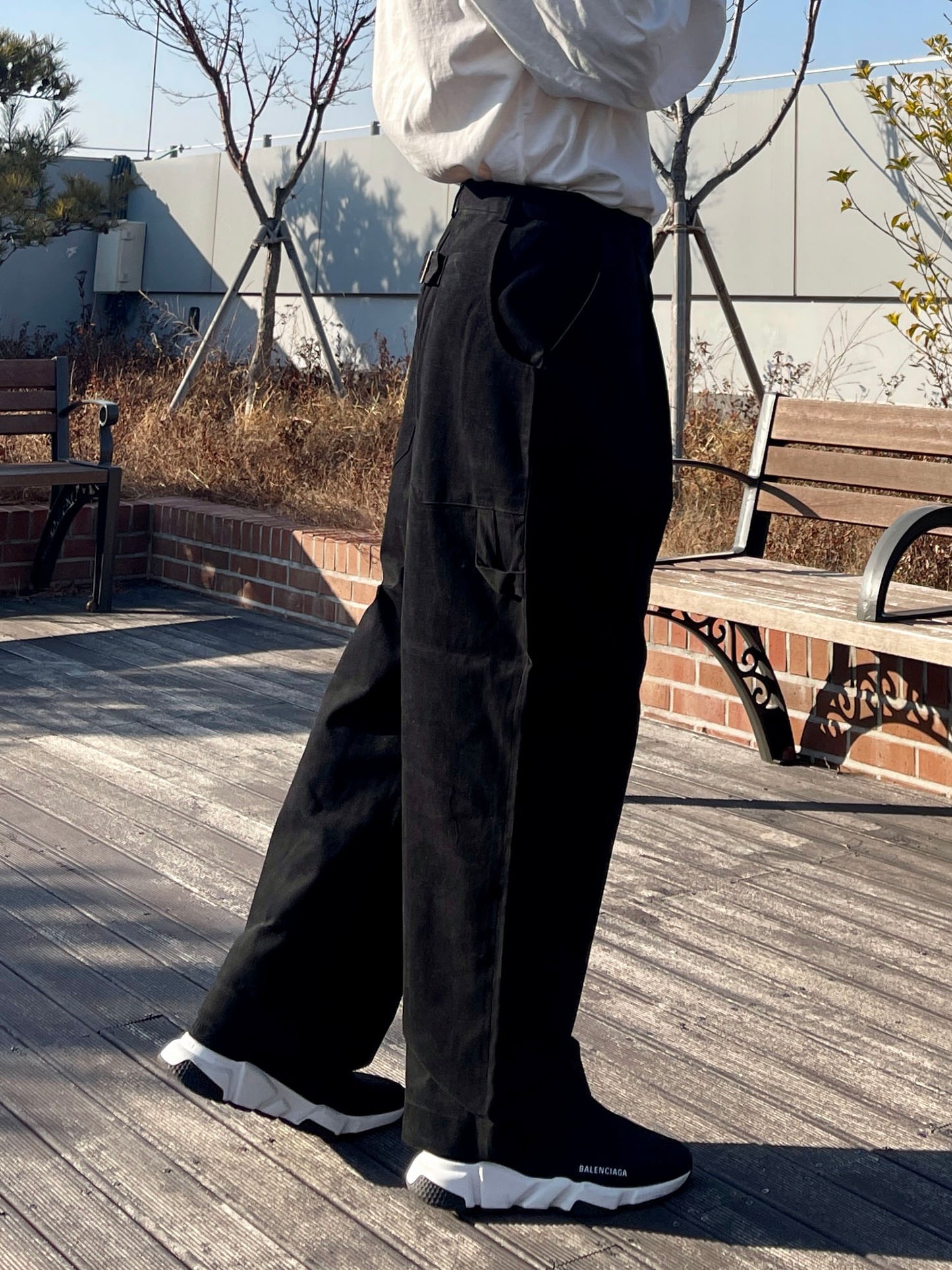 백 버클 퍼티그 와이드 팬츠 유니크 와이드바지 블랙 Back Buckle Fatigue Wide Pants Black
