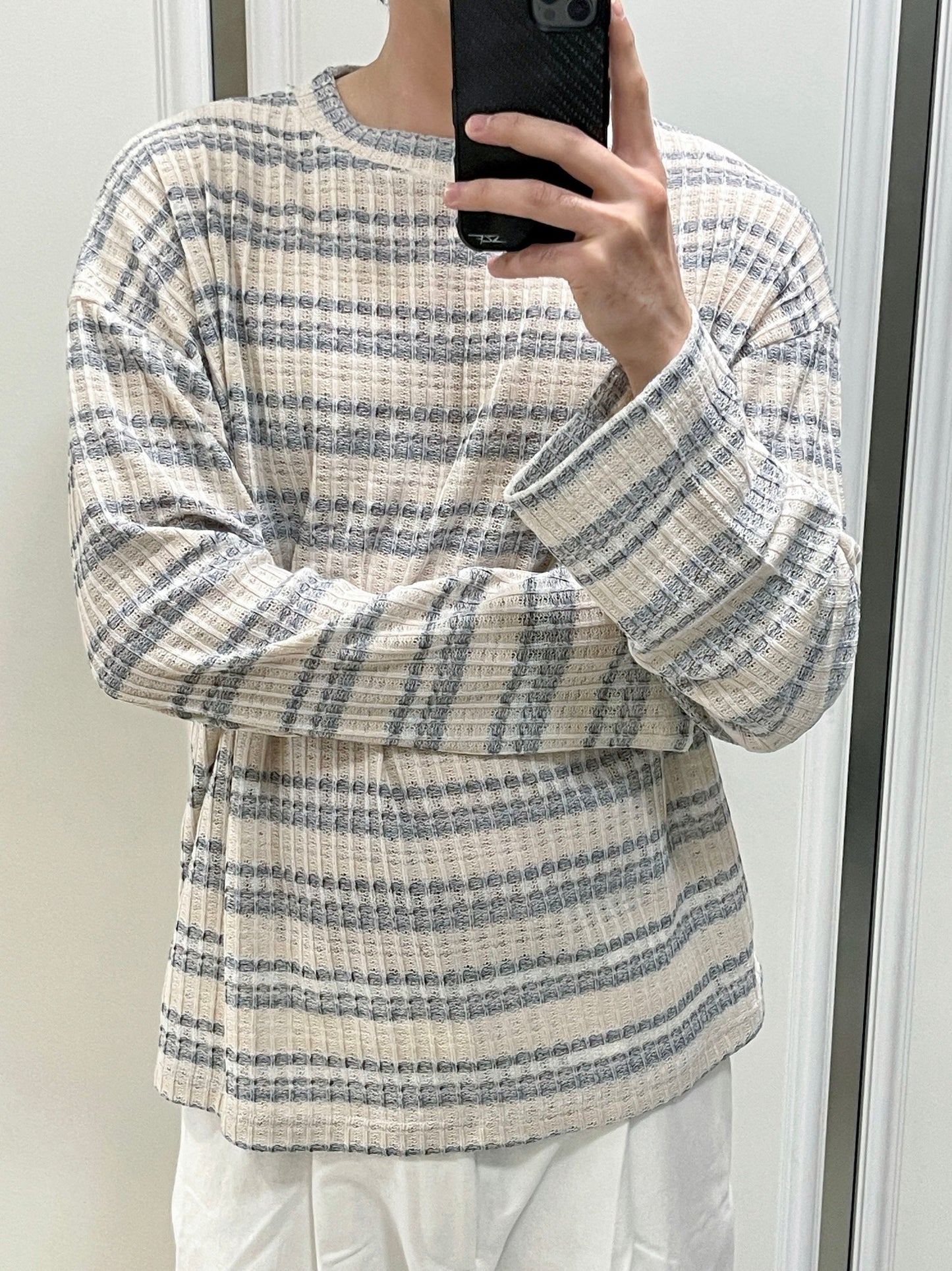 Unique Stripe Knit Grey 스트라이프 니트티 봄 남자니트 루즈핏 오버핏 단가라니트 그레이