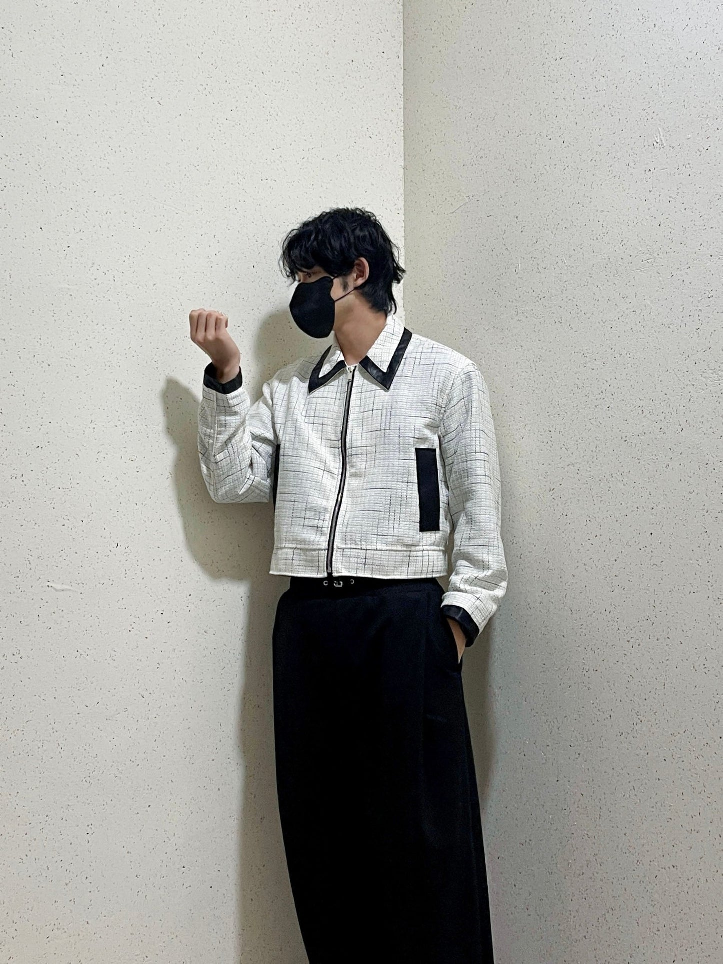레더 배색 크롭자켓 트위드 숏 자켓 아이보리 Leather Coloring Tweed Cropped Jacket Ivory