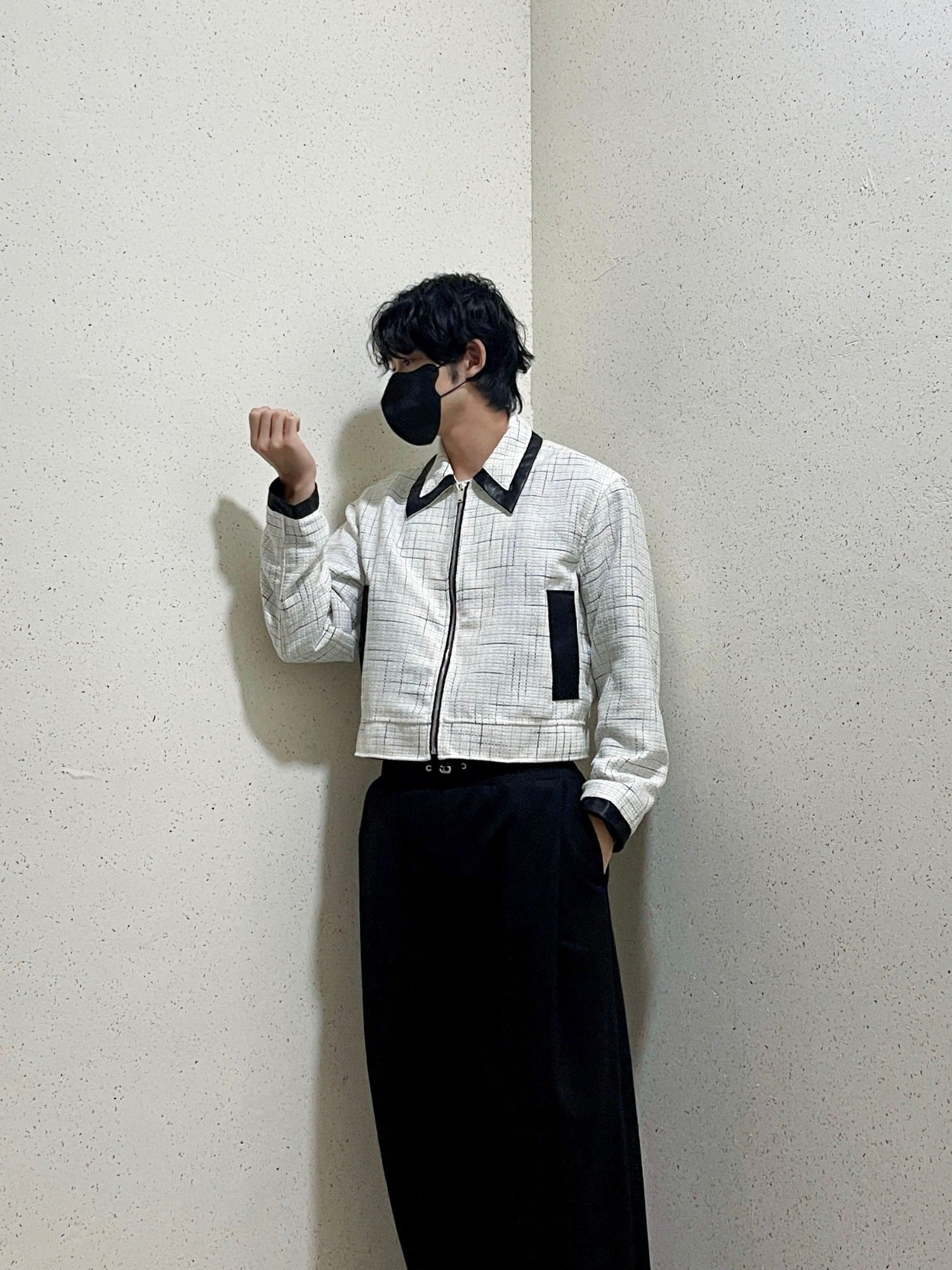 레더 배색 크롭자켓 트위드 숏 자켓 아이보리 Leather Coloring Tweed Cropped Jacket Ivory
