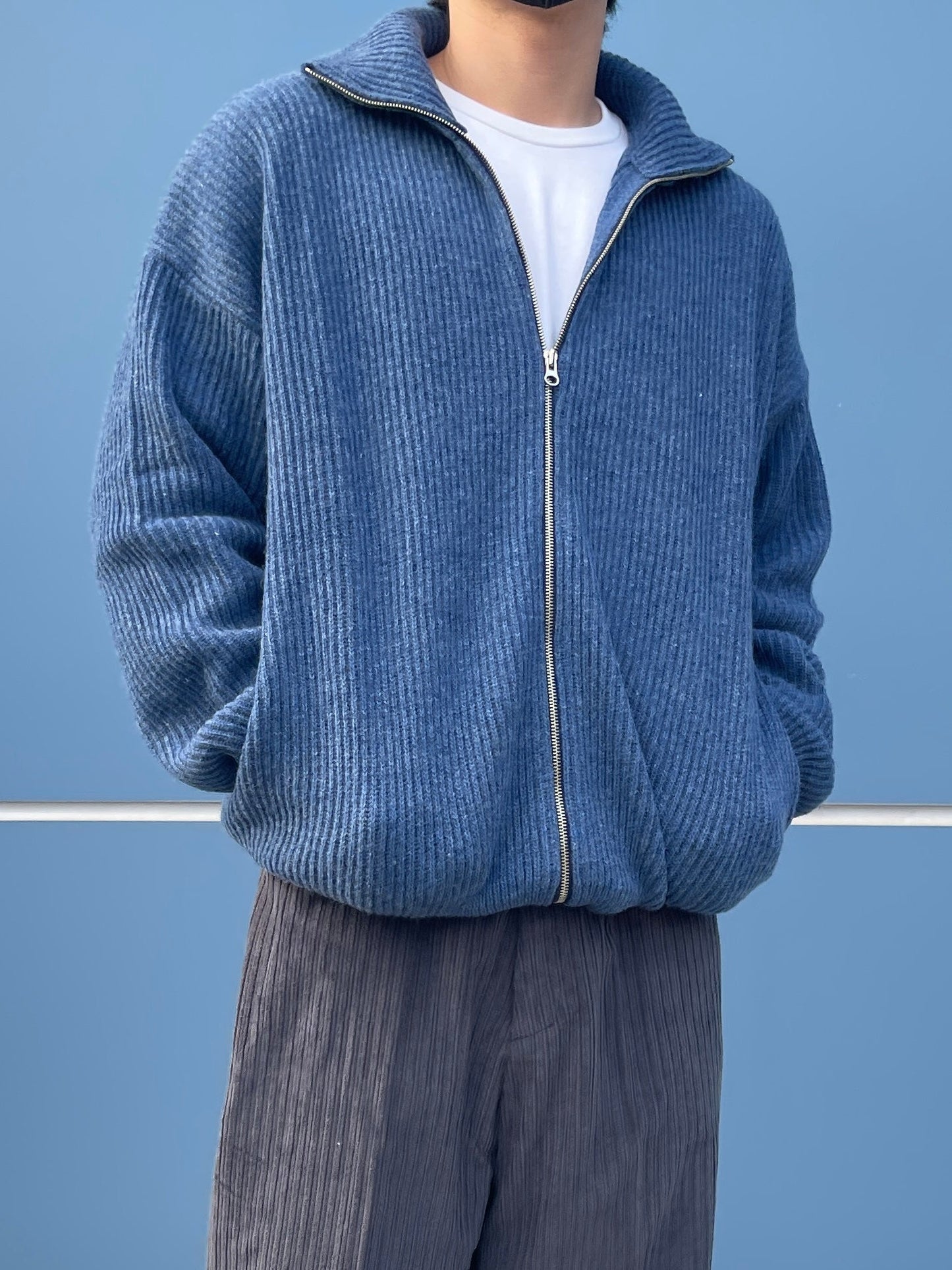 High Neck 2way Zip Up Wool Knit Blue