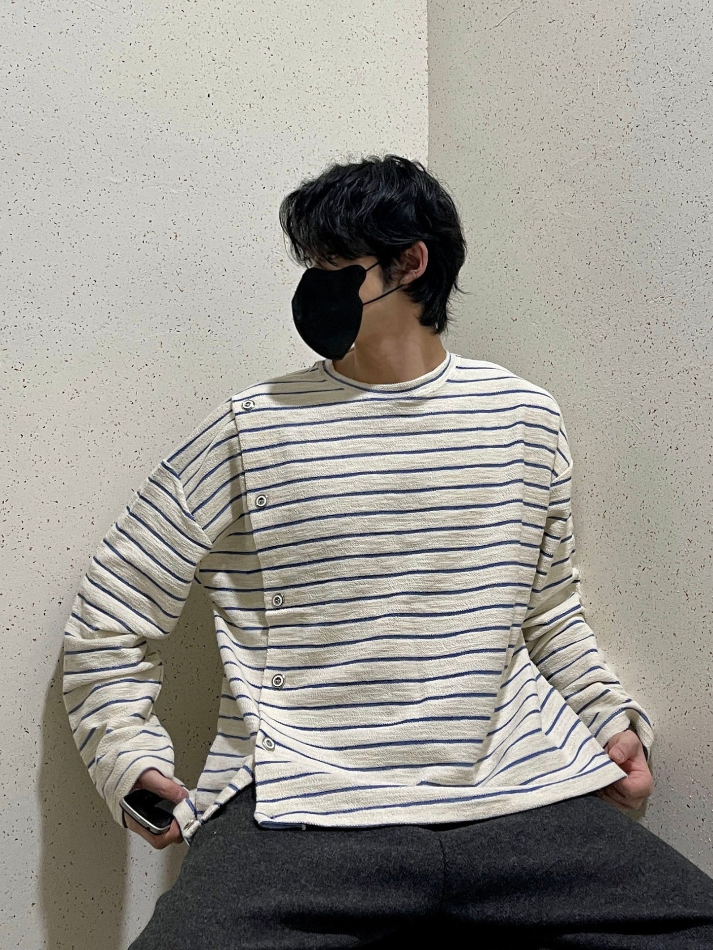 남자 오버핏 버튼 스트라이프 단추 단가라 티셔츠 블루 Button Stripe T-shirt Blue