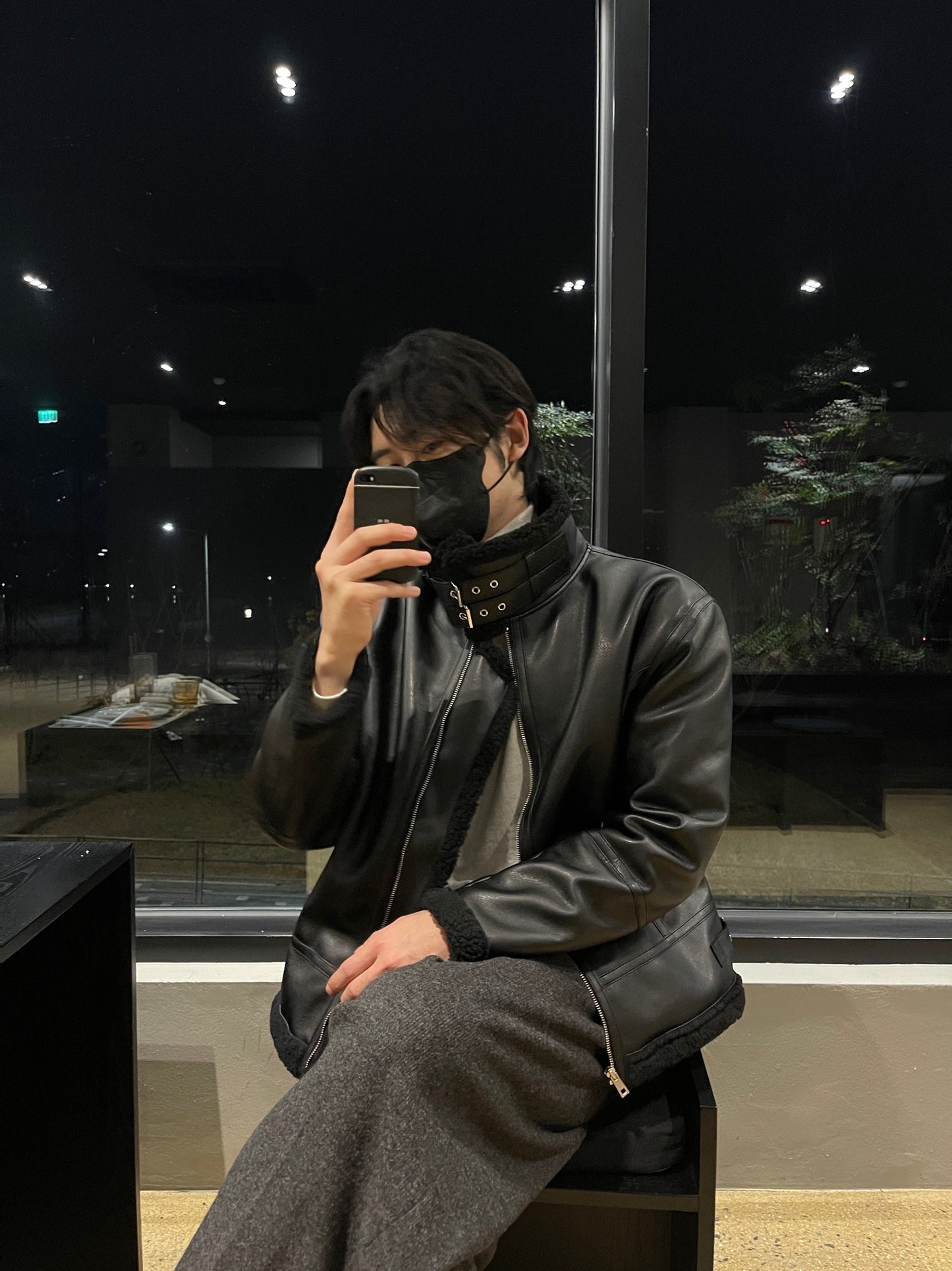Casual Shearling Jacket Mustang Black