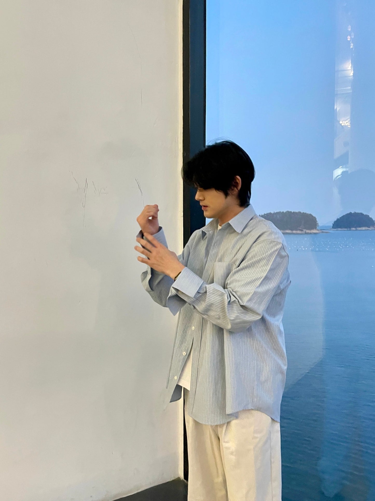 남자오버핏 스트라이프 셔츠 빅사이즈 벌룬핏 긴팔셔츠 소라 Big Cuffs Balloon Stripe Shirts Skyblue