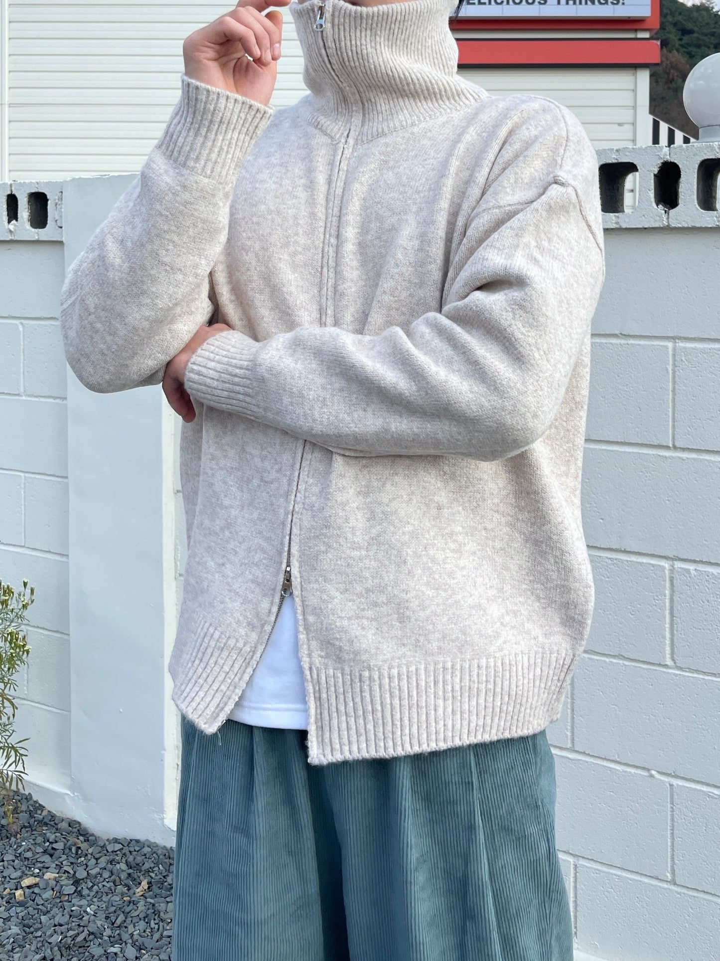 Turtleneck Knit 2way Zipup Oatmeal