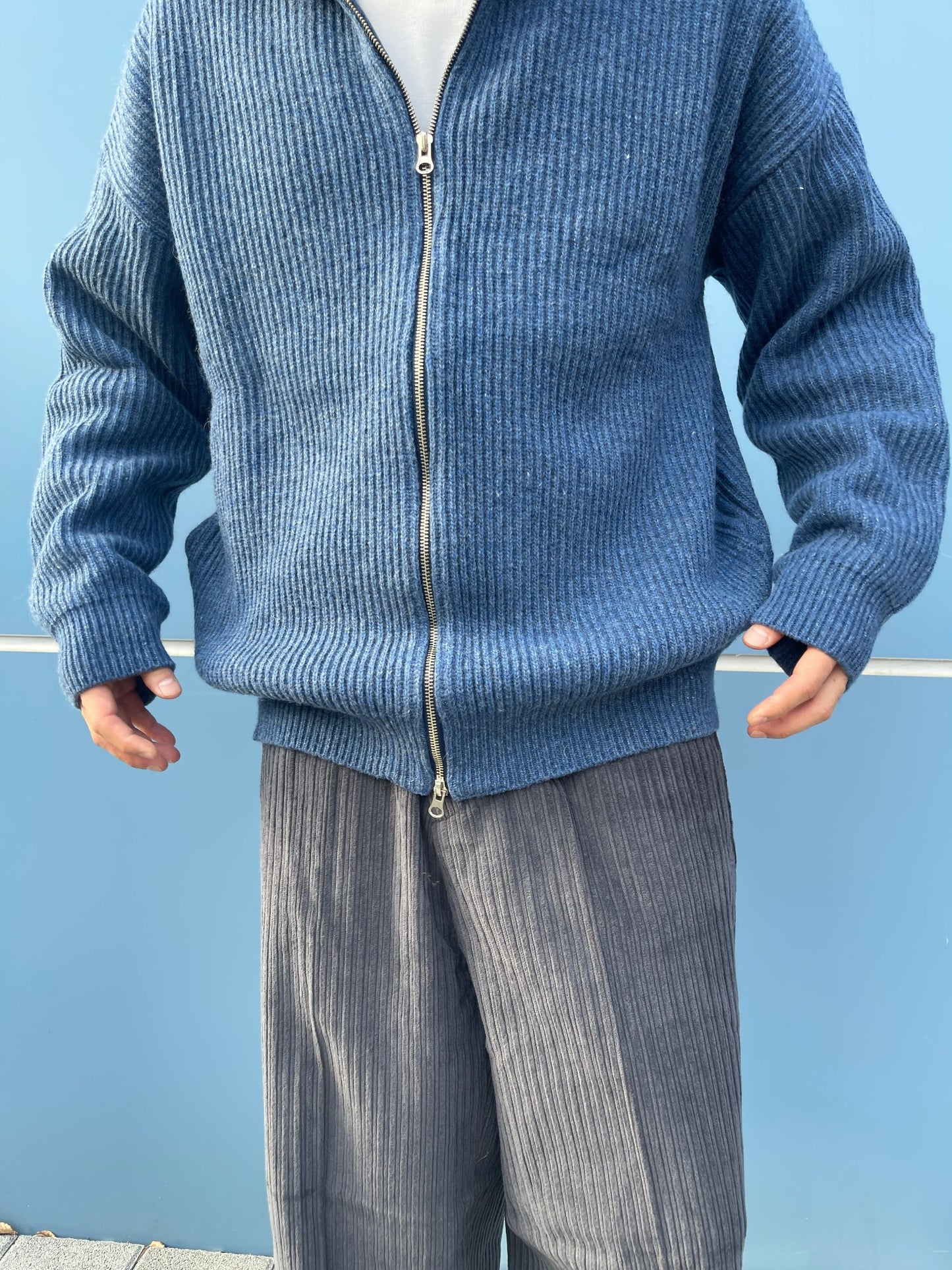 High Neck 2way Zip Up Wool Knit Blue