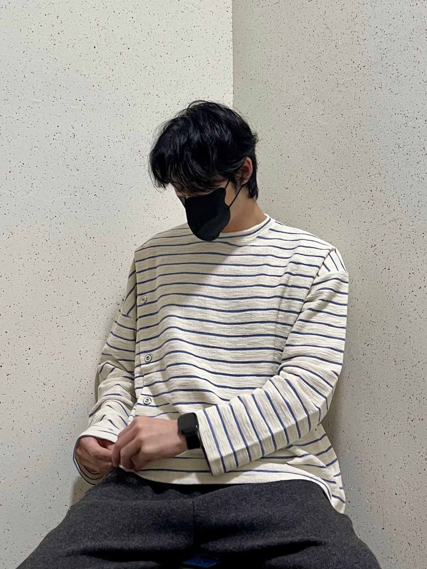 남자 오버핏 버튼 스트라이프 단추 단가라 티셔츠 블루 Button Stripe T-shirt Blue