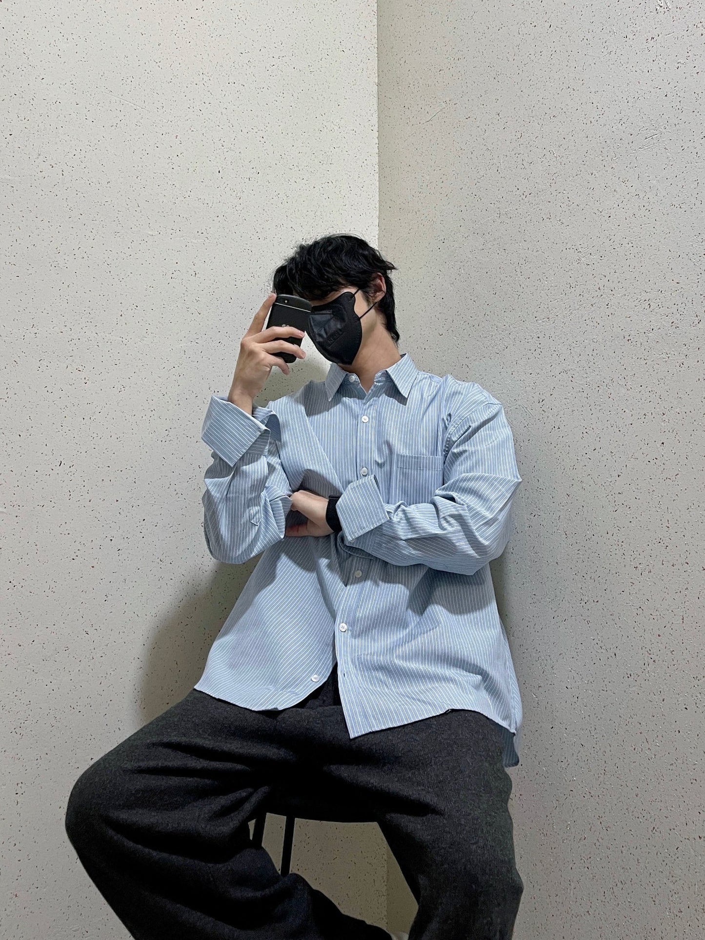 남자오버핏 스트라이프 셔츠 빅사이즈 벌룬핏 긴팔셔츠 소라 Big Cuffs Balloon Stripe Shirts Skyblue