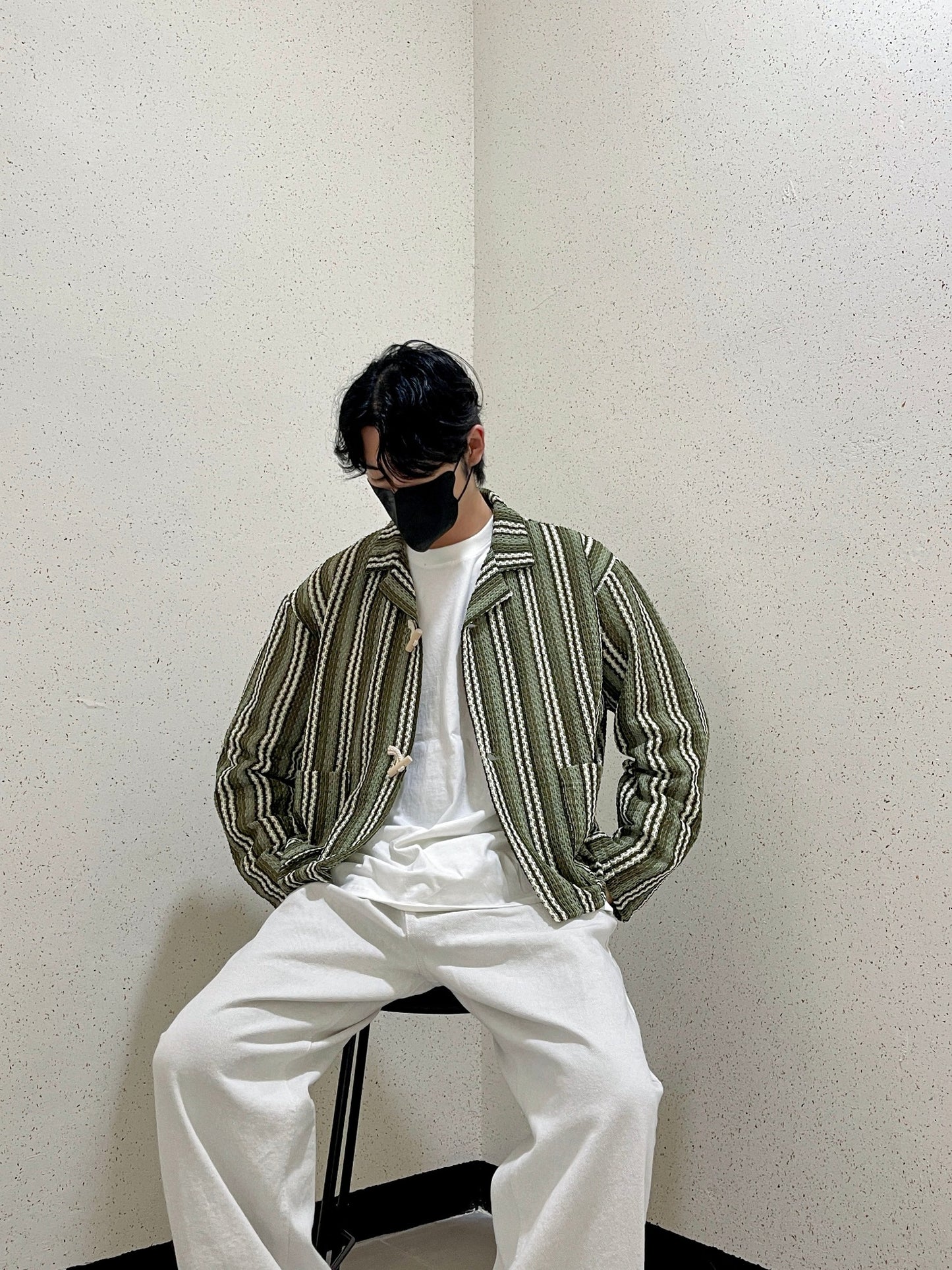 우드 토글 스트라이프 니트 봄 가디건 떡볶이 오버핏 카키 Toggle Stripe Knit Cardigan Khaki
