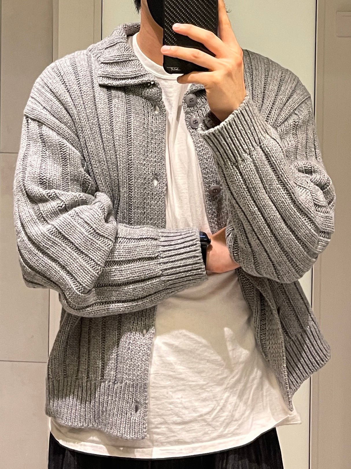Ribbed Wool Cardigan Jacket Gray