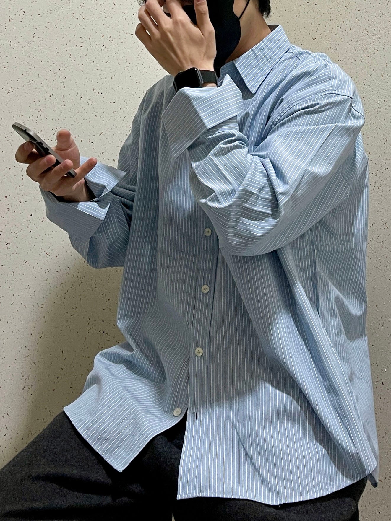 남자오버핏 스트라이프 셔츠 빅사이즈 벌룬핏 긴팔셔츠 소라 Big Cuffs Balloon Stripe Shirts Skyblue