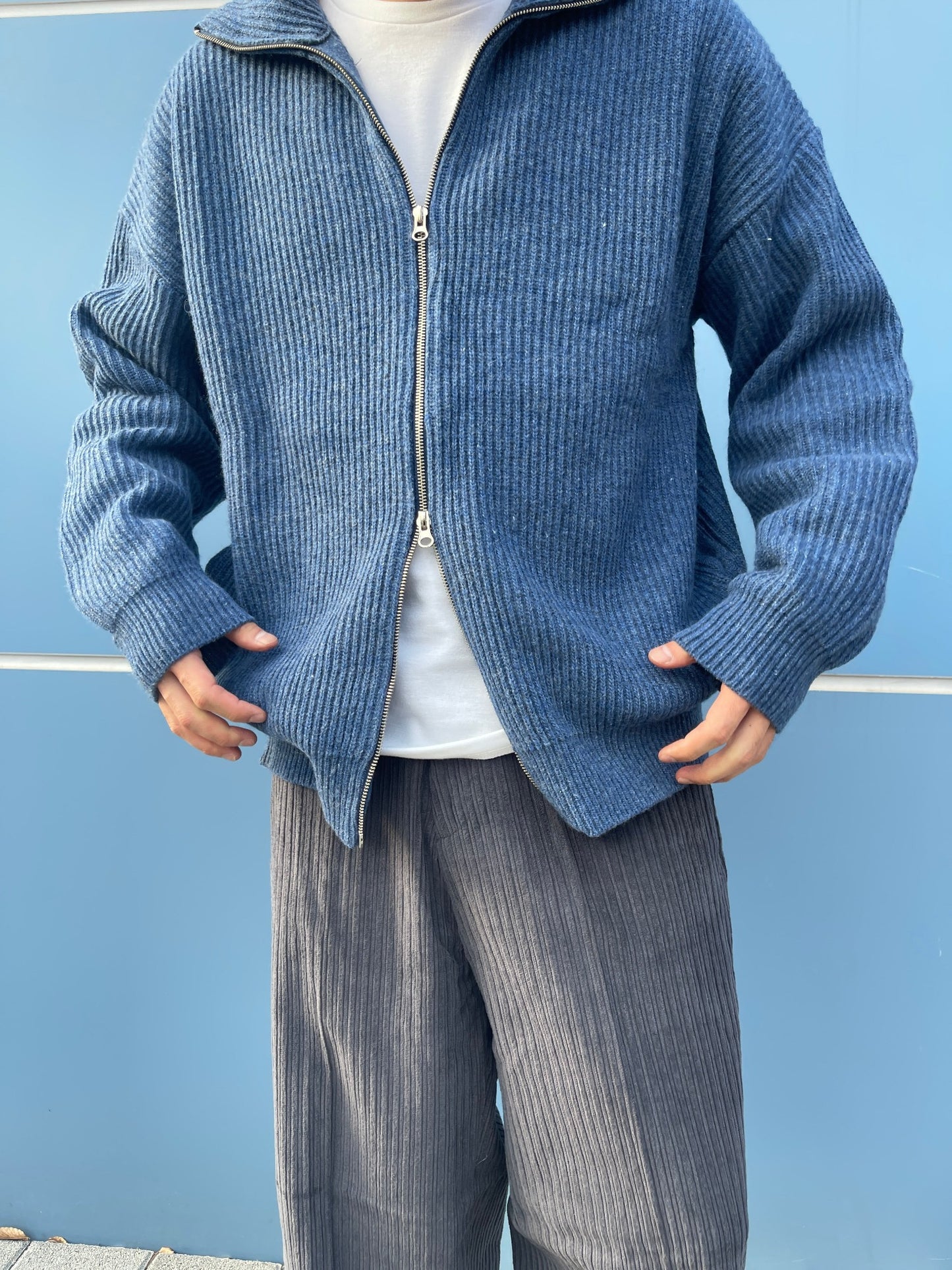 High Neck 2way Zip Up Wool Knit Blue