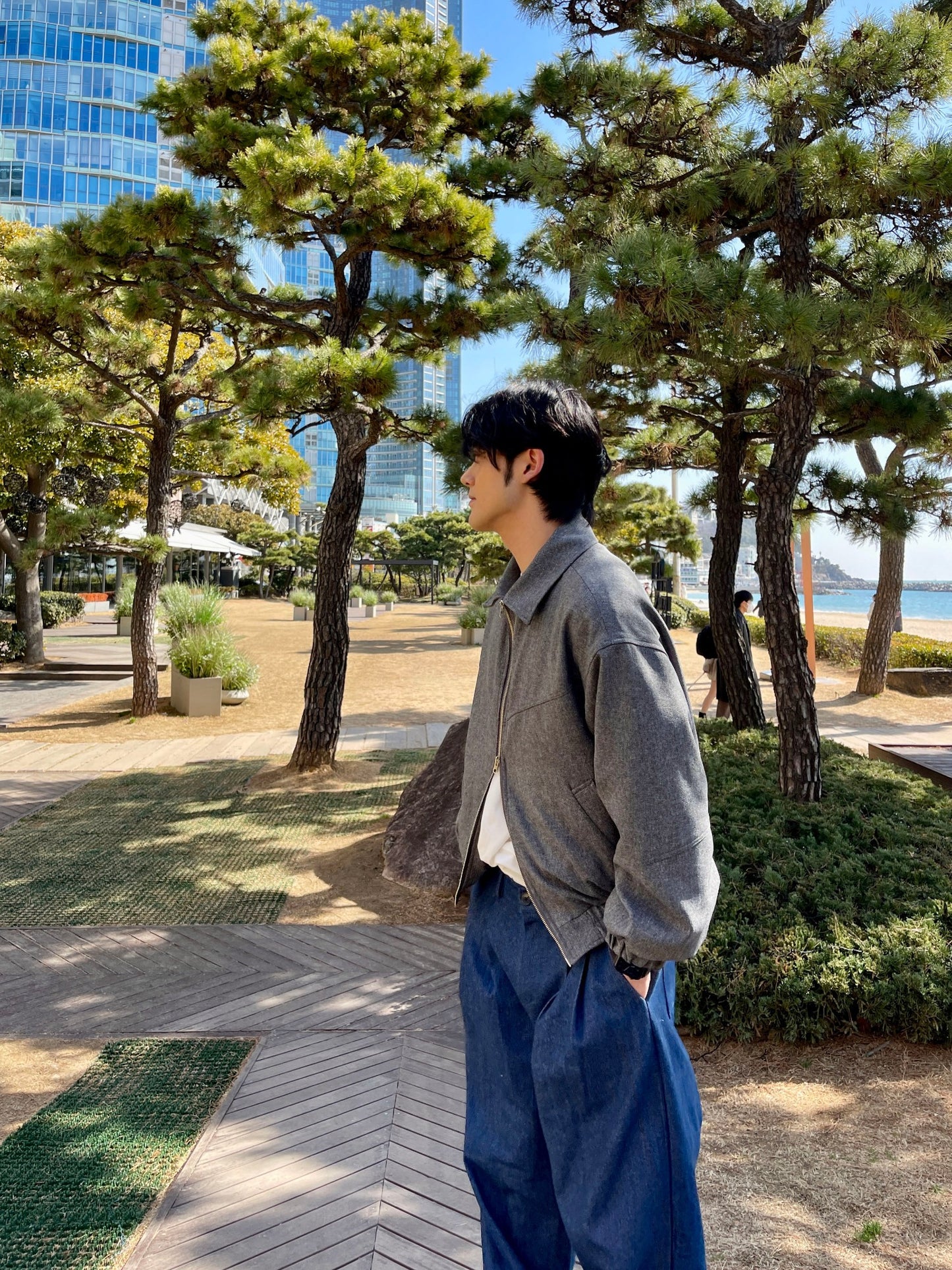 남자숏자켓 오버핏 크롭 봄재킷 미니멀룩 다크그레이 Balloon Crop Jacket darkgrey