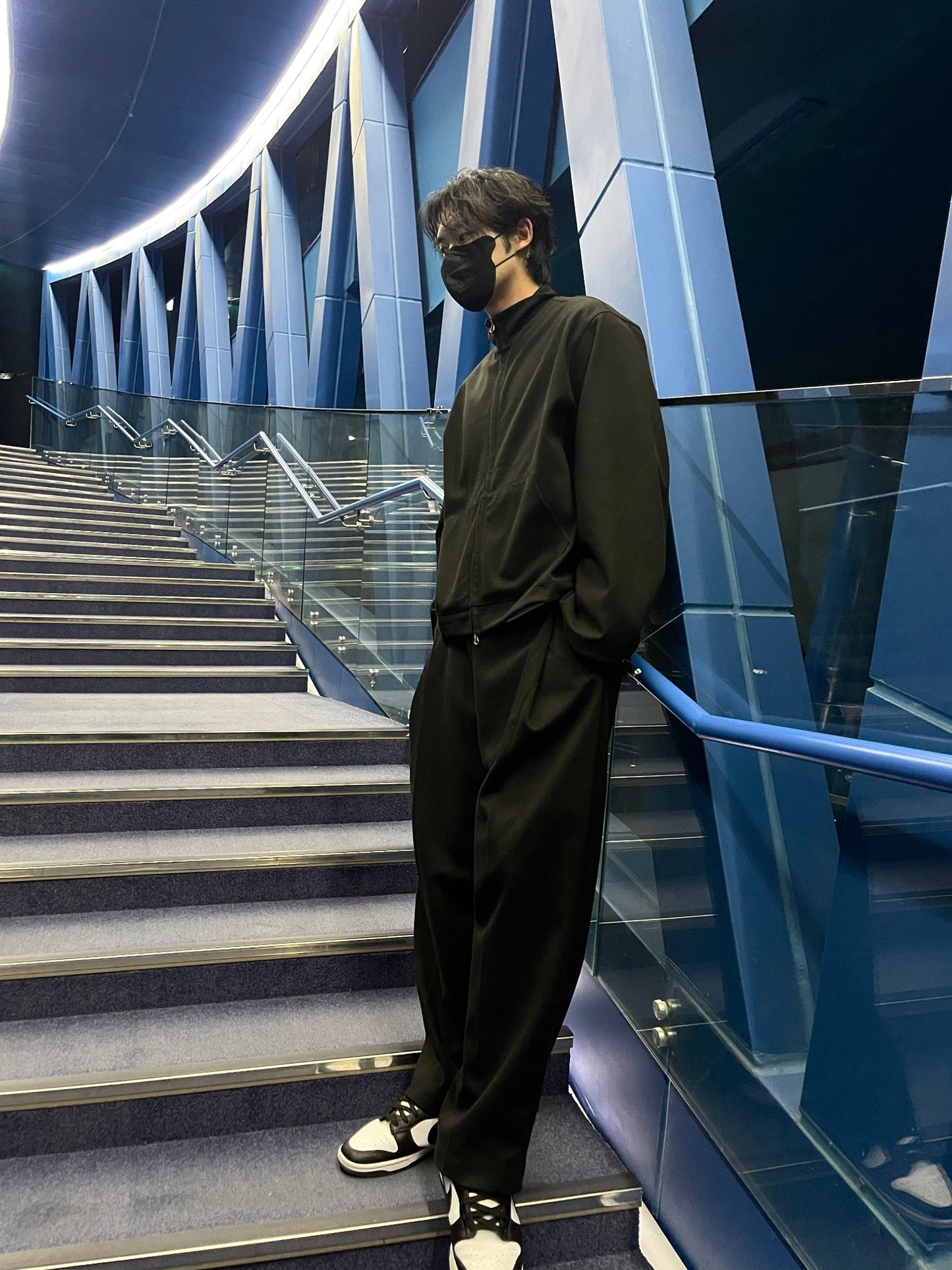 Woven Fleece Jacket Wide Pants Setup Black