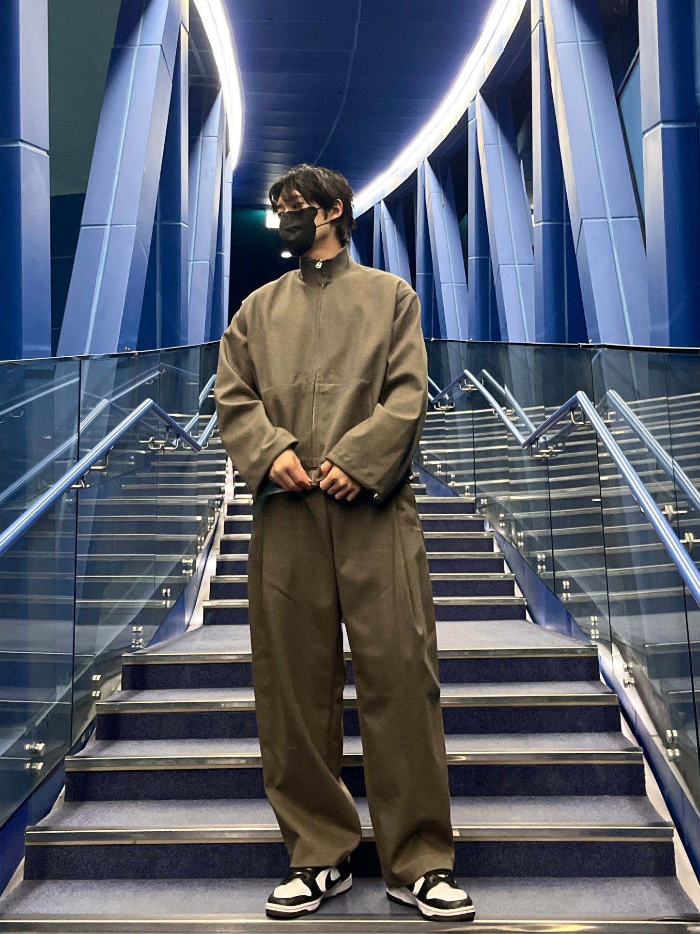 Woven Fleece Jacket Wide Pants Setup Khaki brown