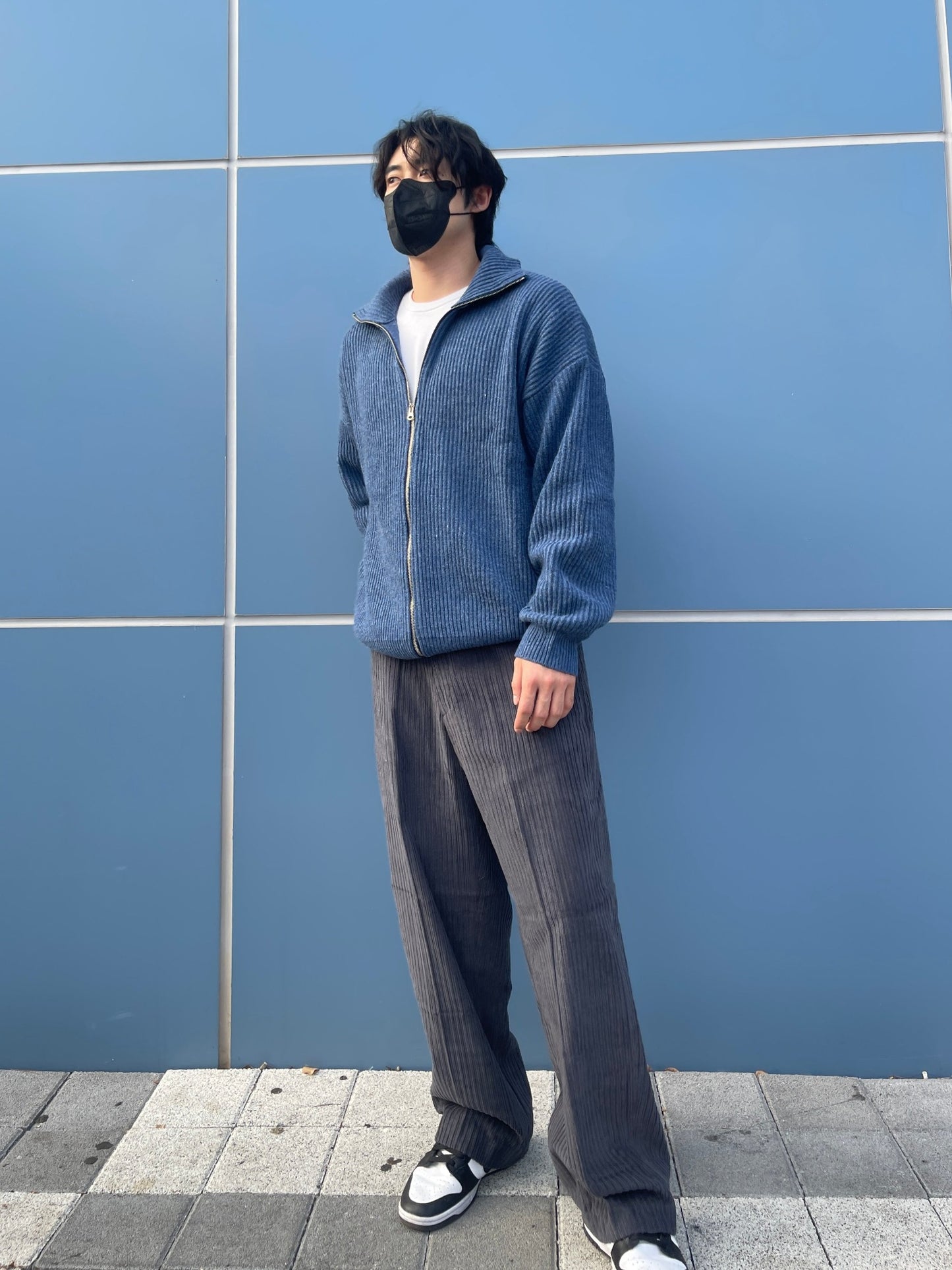 High Neck 2way Zip Up Wool Knit Blue