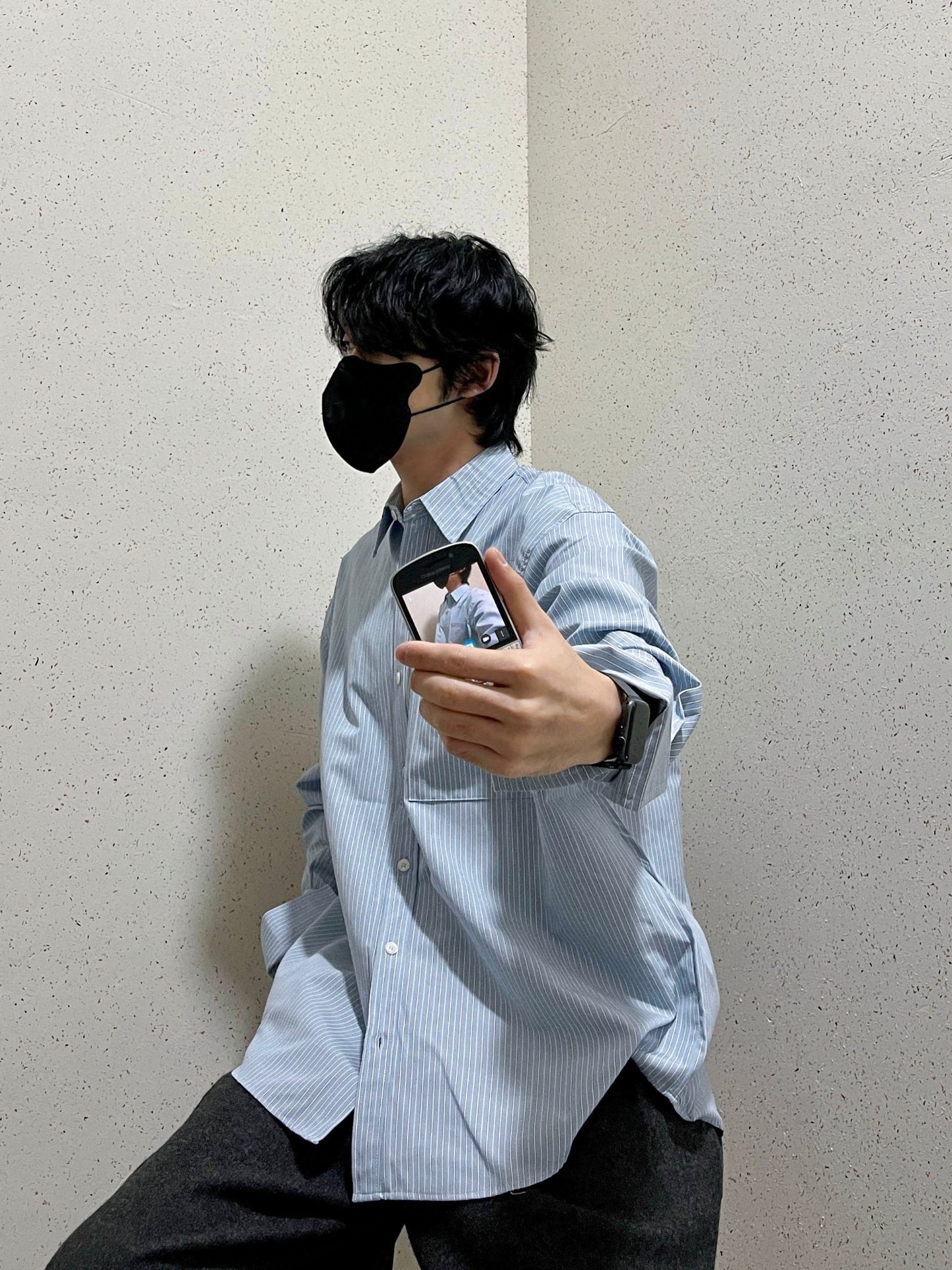남자오버핏 스트라이프 셔츠 빅사이즈 벌룬핏 긴팔셔츠 소라 Big Cuffs Balloon Stripe Shirts Skyblue