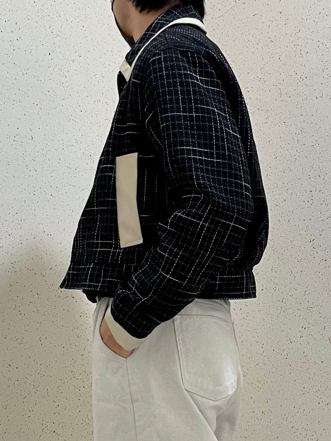 레더 배색 크롭자켓 트위드 숏 자켓 블랙 Leather Coloring Tweed Cropped Jacket Black