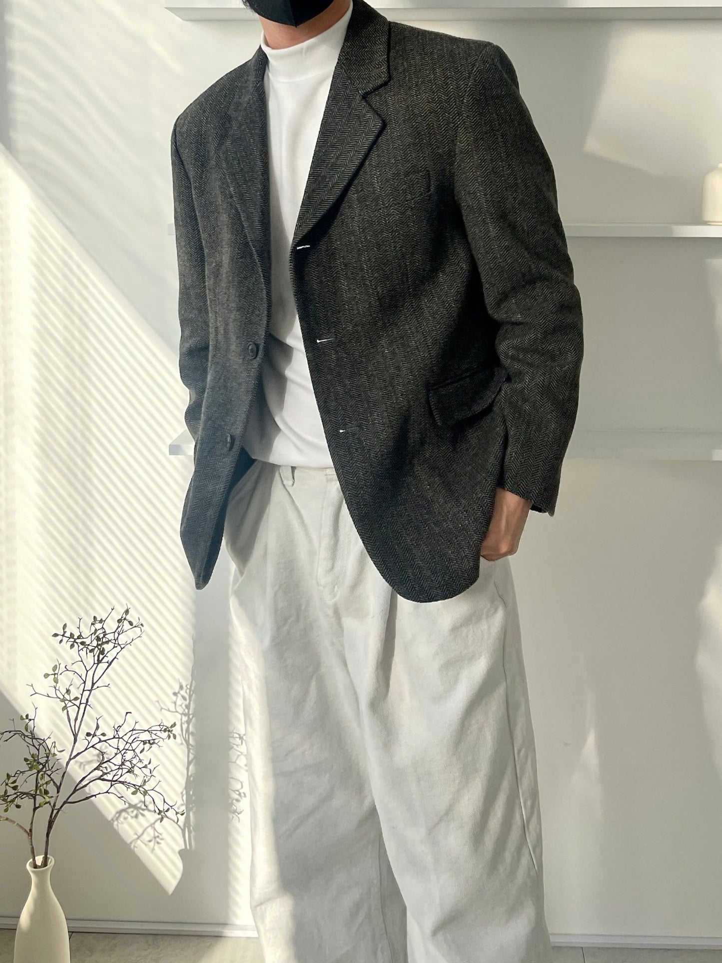 Herringbone 3 Button Casual Blazer Charcoal